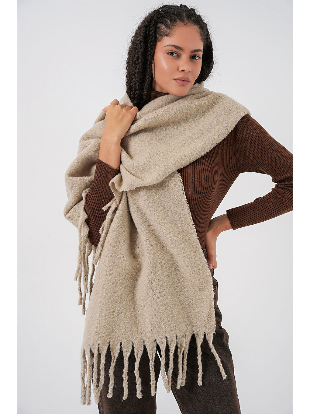 Kadın Yumuşak Dokulu Kalın Şal Atkı 15951 - A.Bej-1