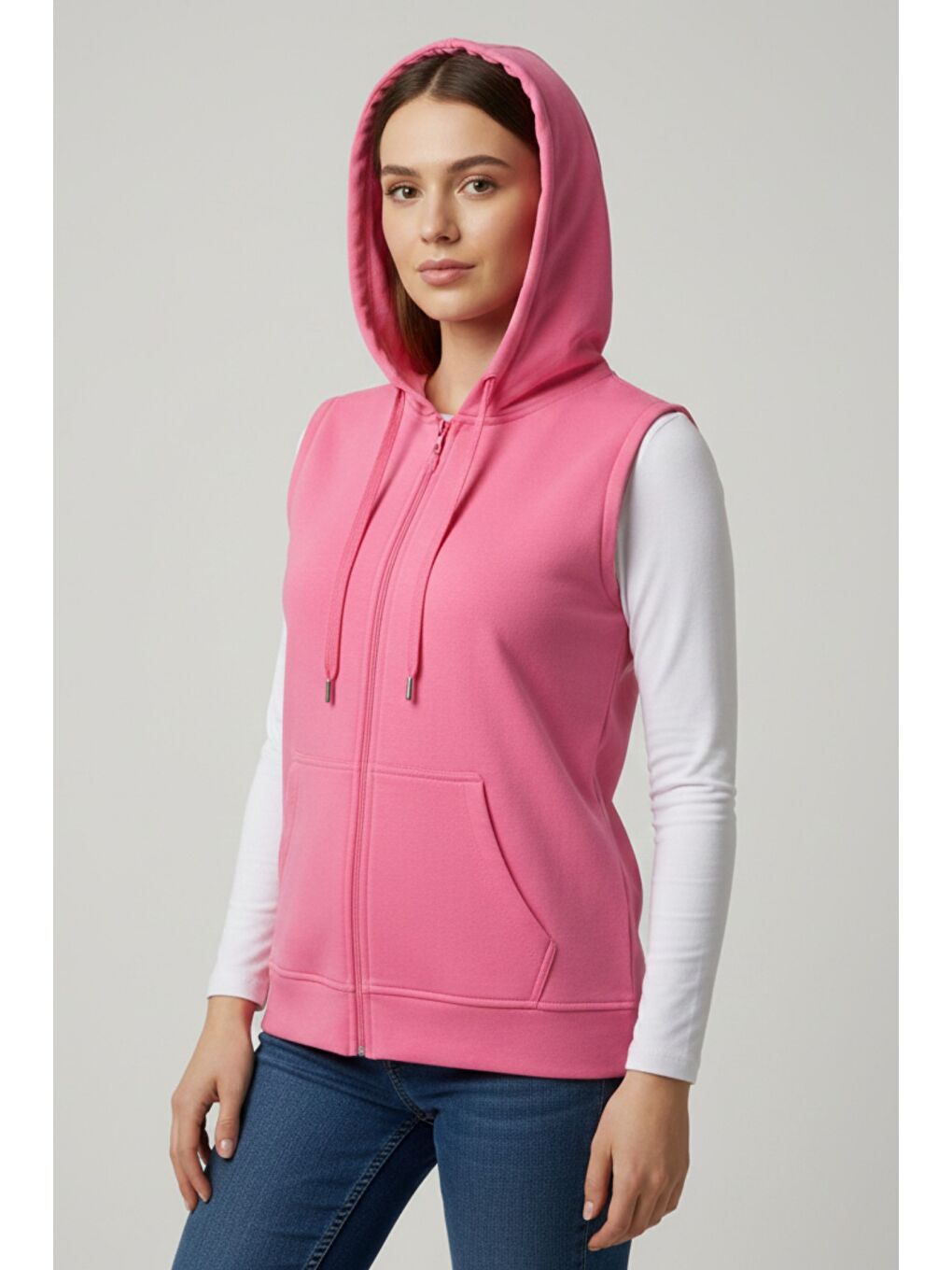 Pembe Kadın Sıfır Kol Kapüşonlu Hırka ve Uzun Kollu Tişört Takımı-2
