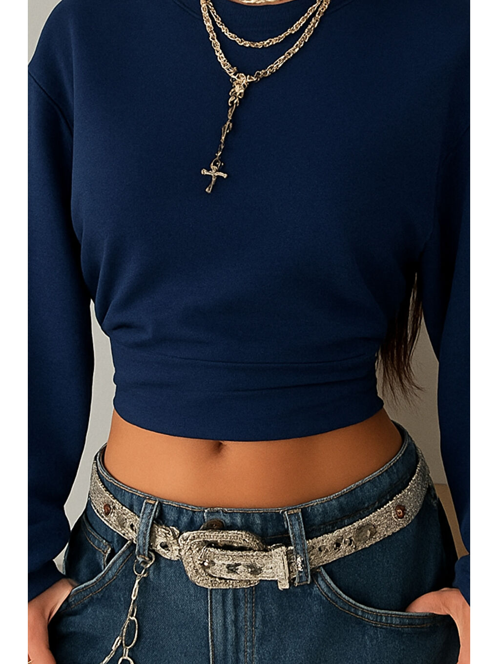 Kadın Lacivert Bisiklet Yaka Belden Oturtmalı Tasarım Sweatshirt-1