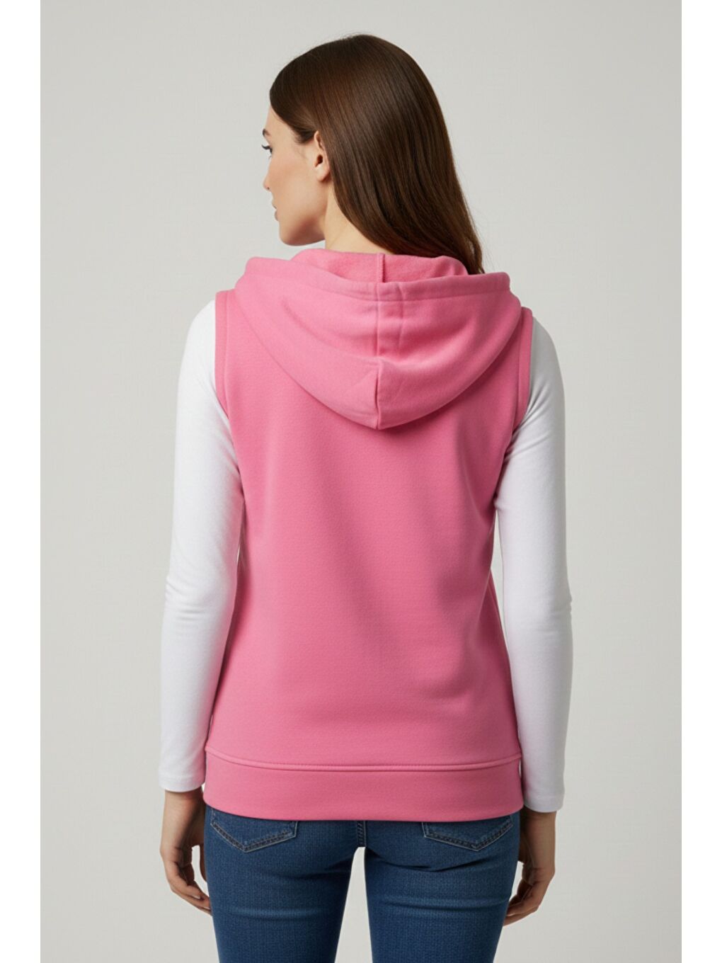 Pembe Kadın Sıfır Kol Kapüşonlu Hırka ve Uzun Kollu Tişört Takımı-3