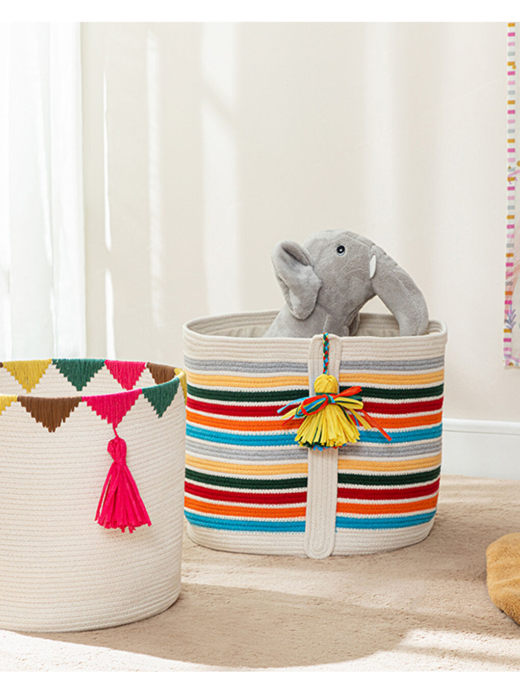 Beyaz Çizgili Sepet Örgü Pamuk Oyuncak Sepeti Multicolor-3