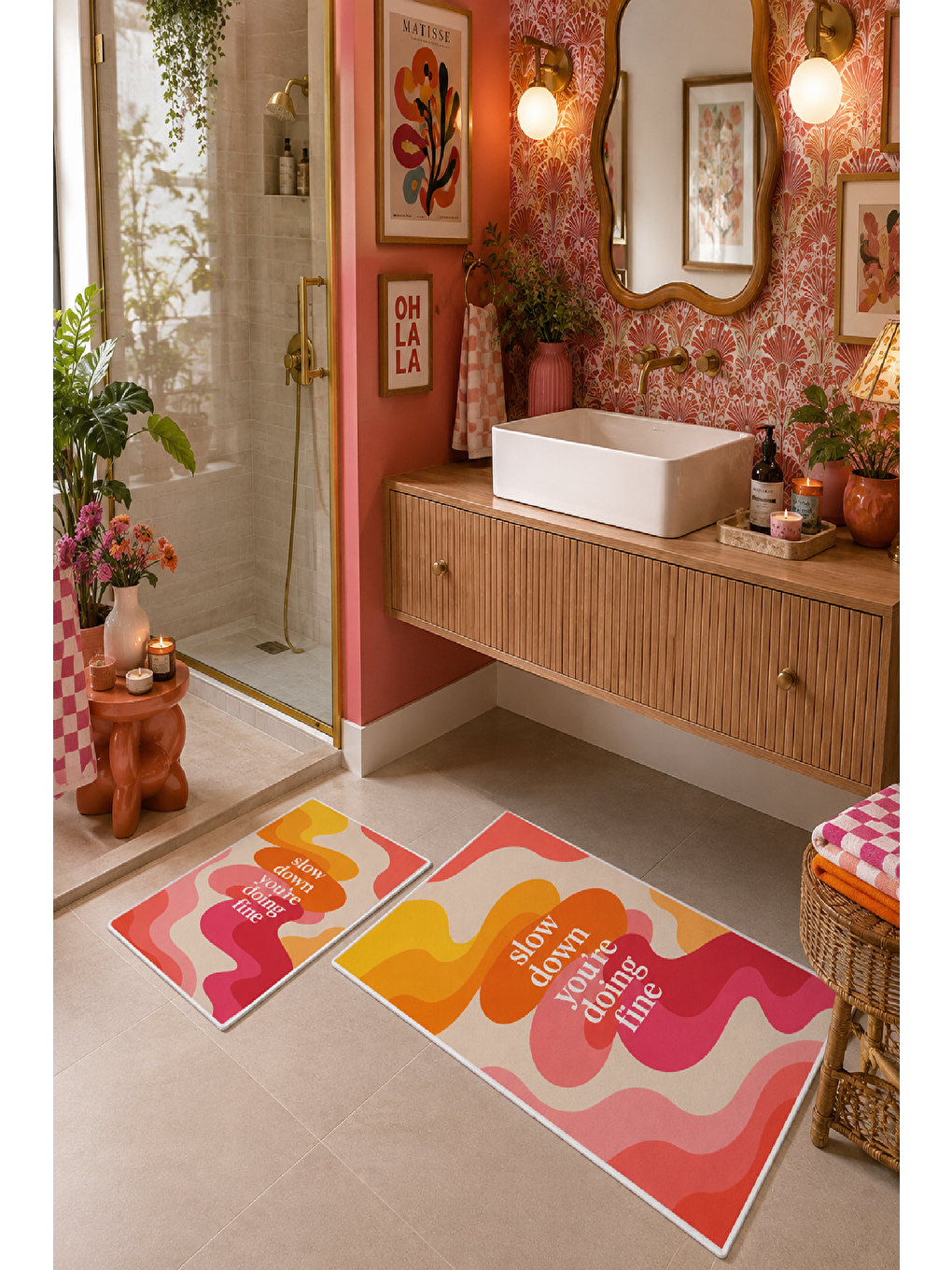 Pembe Turuncu Slow Down Yazılı Dalga Desenli Banyo Paspası 2’li Set-5