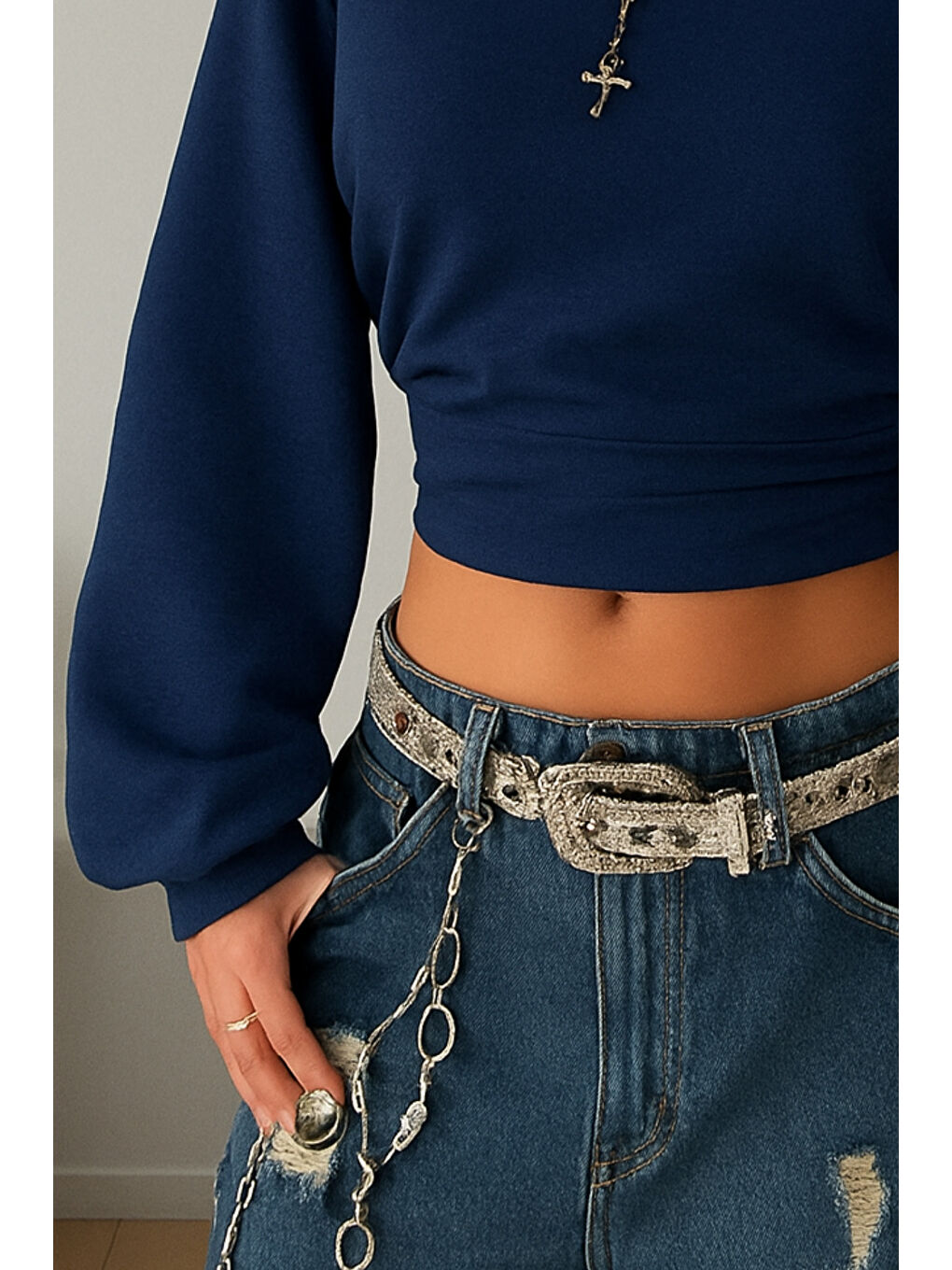 Kadın Lacivert Bisiklet Yaka Belden Oturtmalı Tasarım Sweatshirt-2