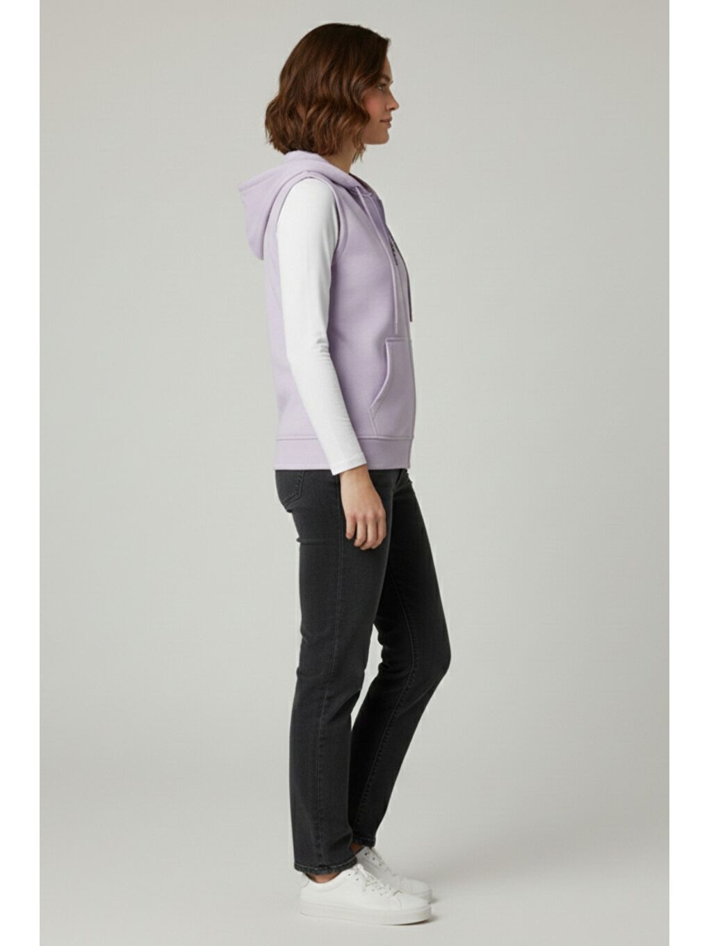 Lila Kadın Sıfır Kol Kapüşonlu Hırka ve Uzun Kollu Tişört Takımı-4