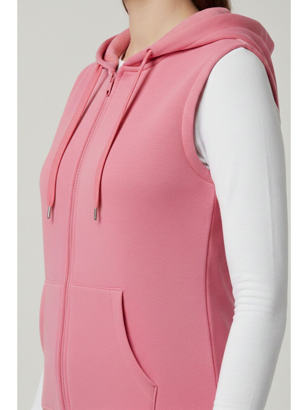 Pembe Kadın Sıfır Kol Kapüşonlu Hırka ve Uzun Kollu Tişört Takımı-4