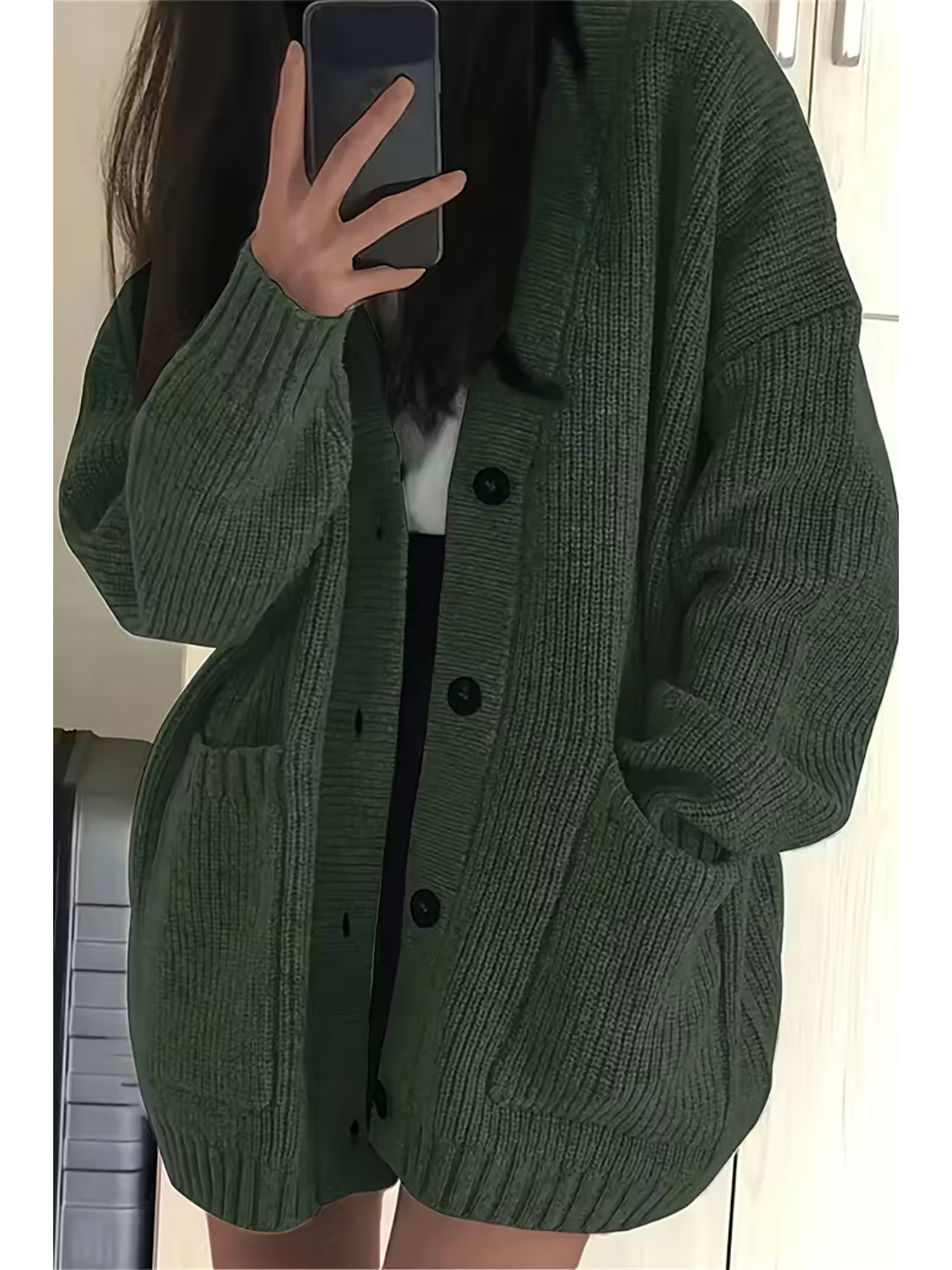 Kadın Haki Oversize Cepli Düğmeli V Yaka Triko Hırka-1