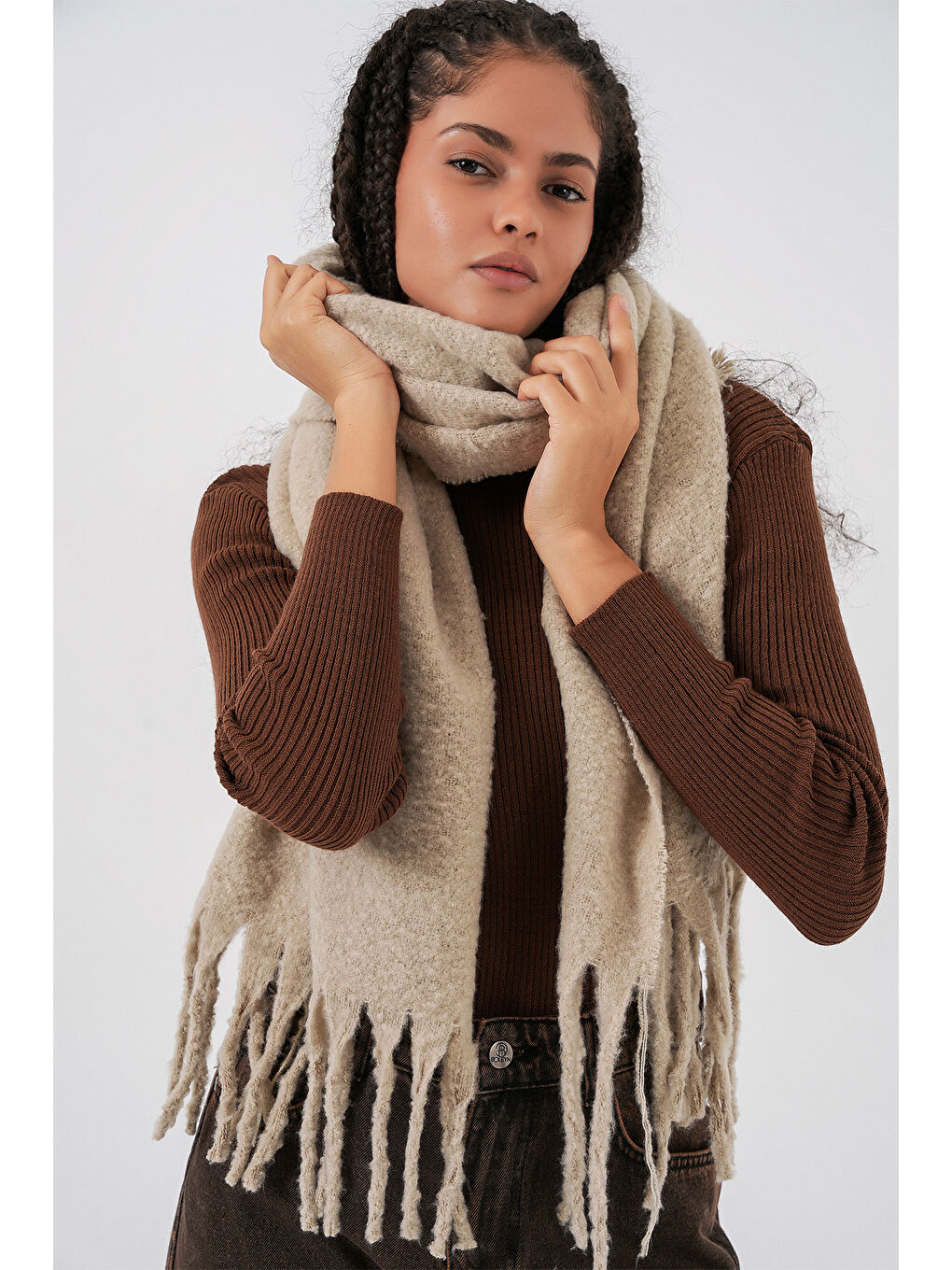 Kadın Yumuşak Dokulu Kalın Şal Atkı 15951 - A.Bej-2