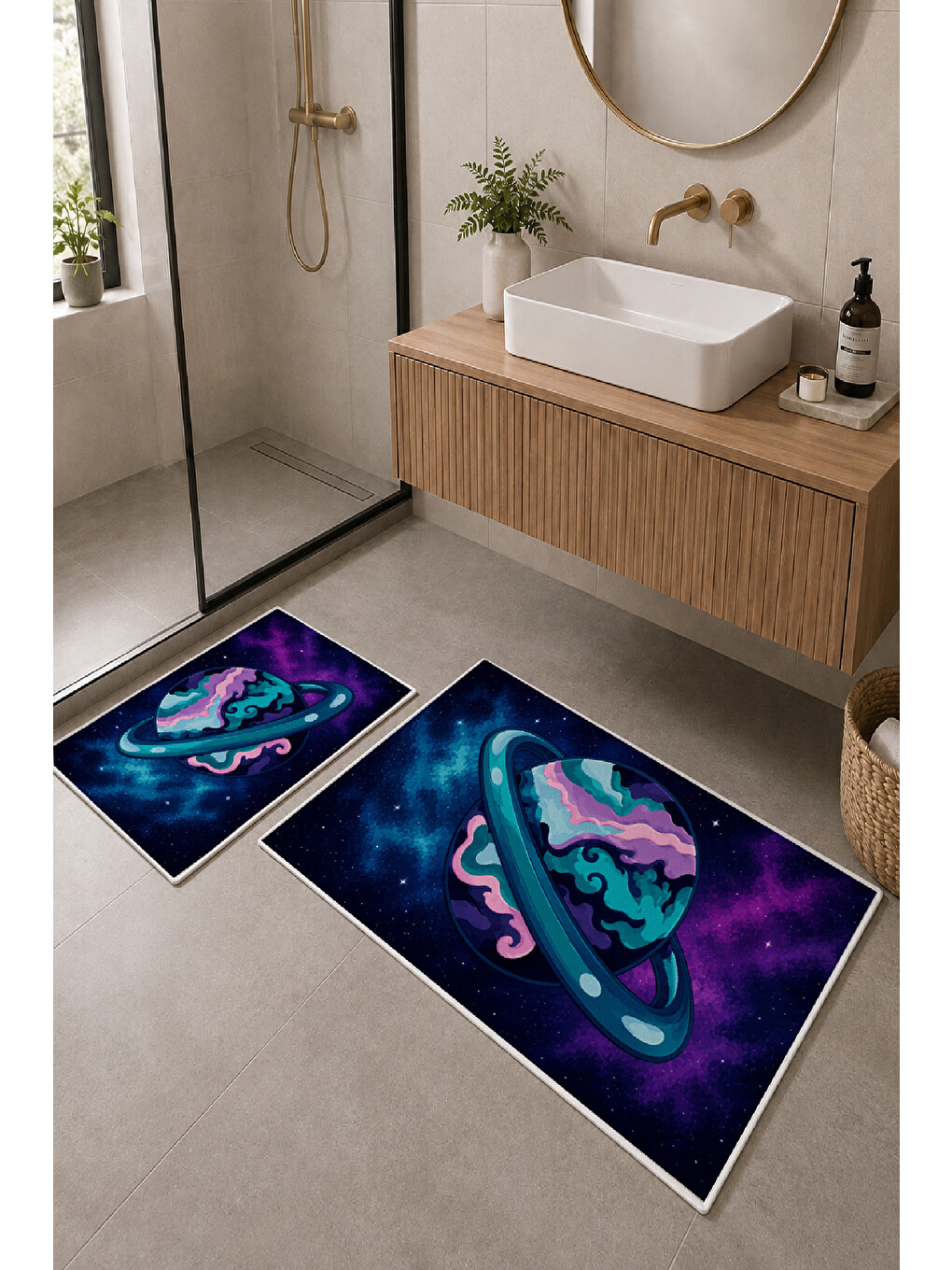 Lacivert Mor Gezegen Desenli Kaymaz Taban Banyo Paspası 2’li Set-1