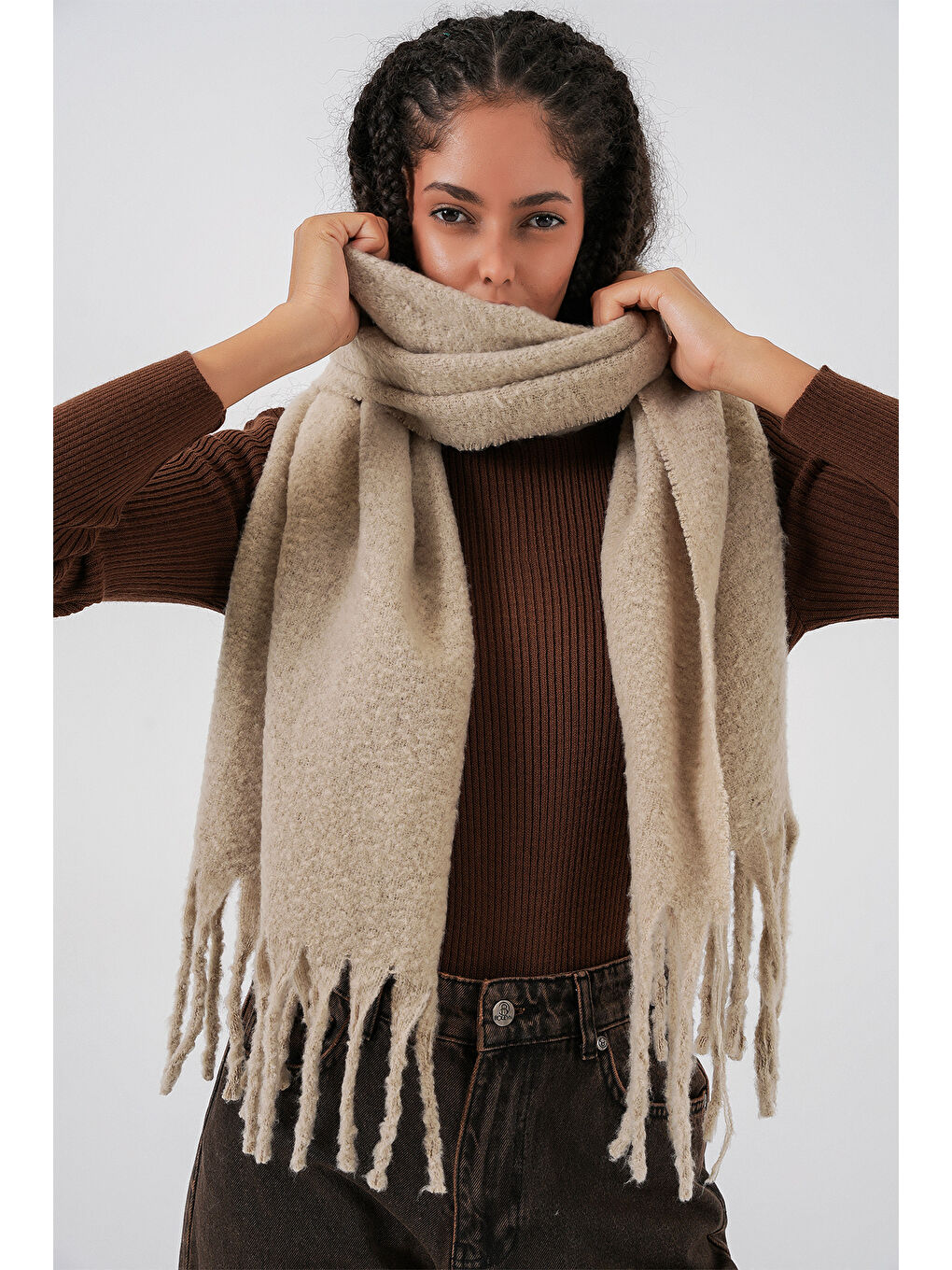 Kadın Yumuşak Dokulu Kalın Şal Atkı 15951 - A.Bej-3