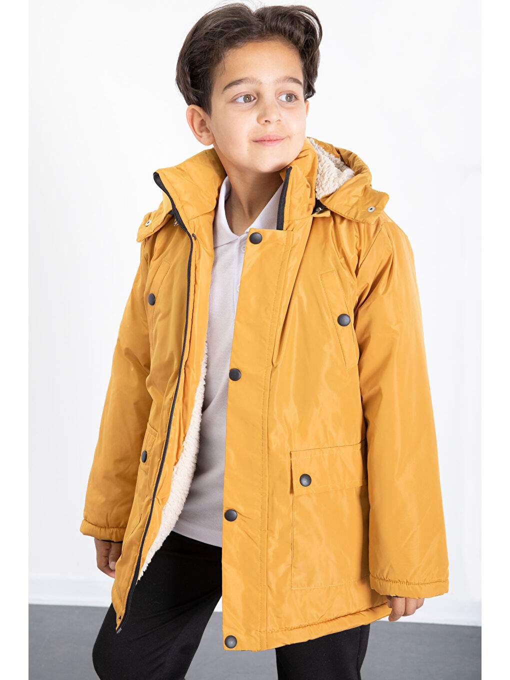 Sarı Hardal İçi Kürklü Çıkarılabilir Kapüşonlu Basic Erkek Çocuk Şişme Mont 21440