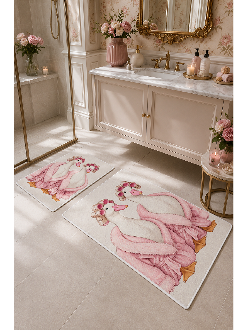 Beyaz Pembe Bornozlu Tavşan Desenli Banyo Paspası 2’li Set-7