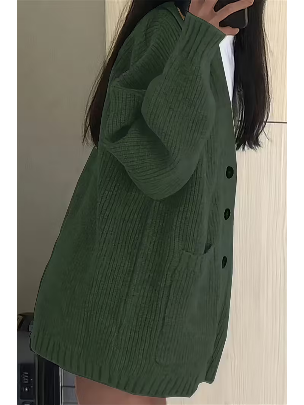 Kadın Haki Oversize Cepli Düğmeli V Yaka Triko Hırka-2