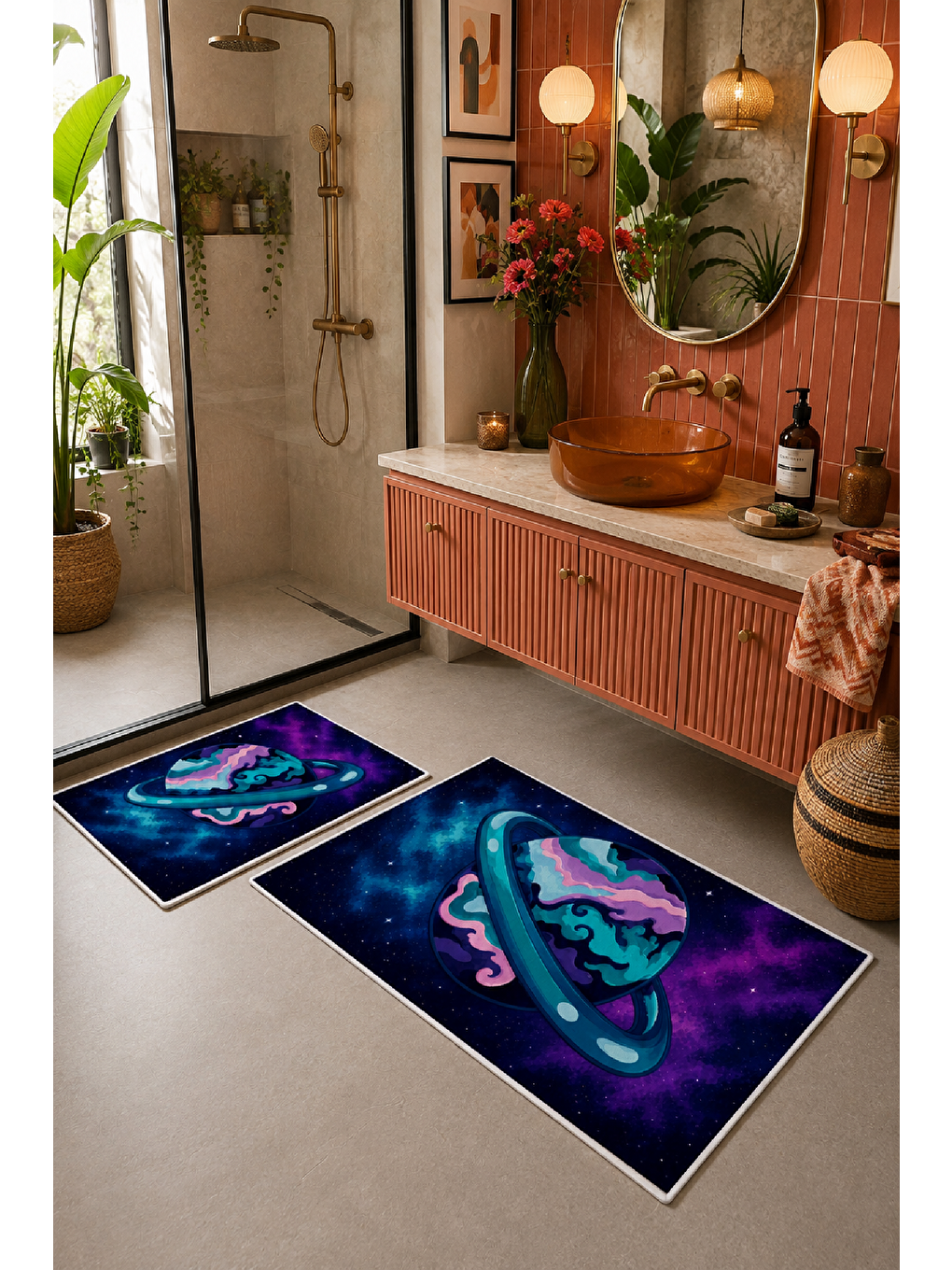 Lacivert Mor Gezegen Desenli Kaymaz Taban Banyo Paspası 2’li Set-2
