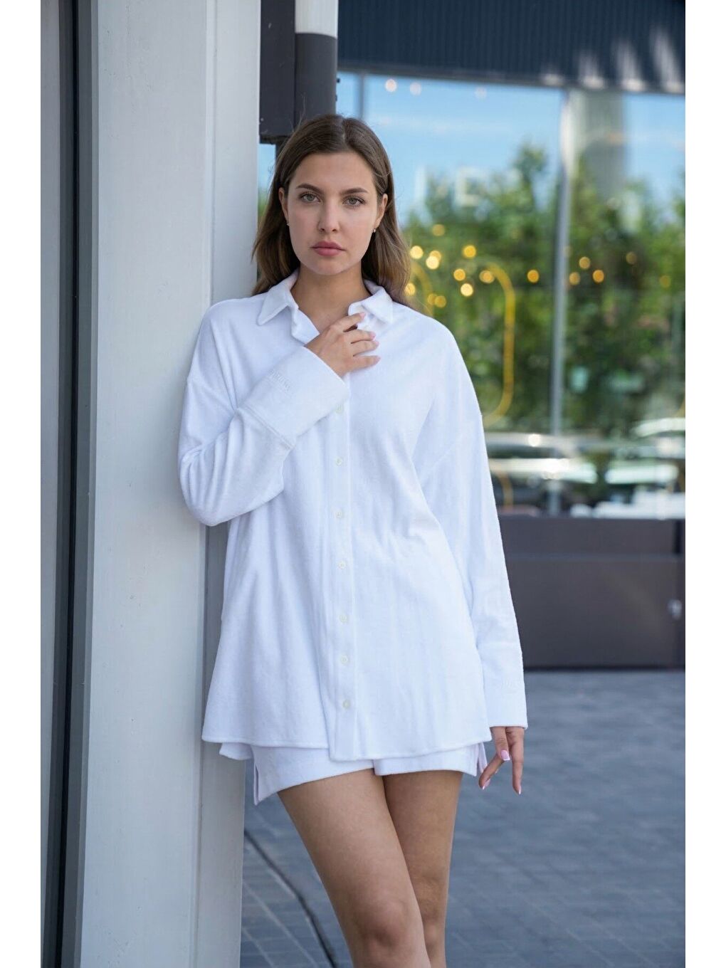 Beyaz Hawaii Kadın %100 Pamuk Havlu Kumaş Oversize Gömlek-2