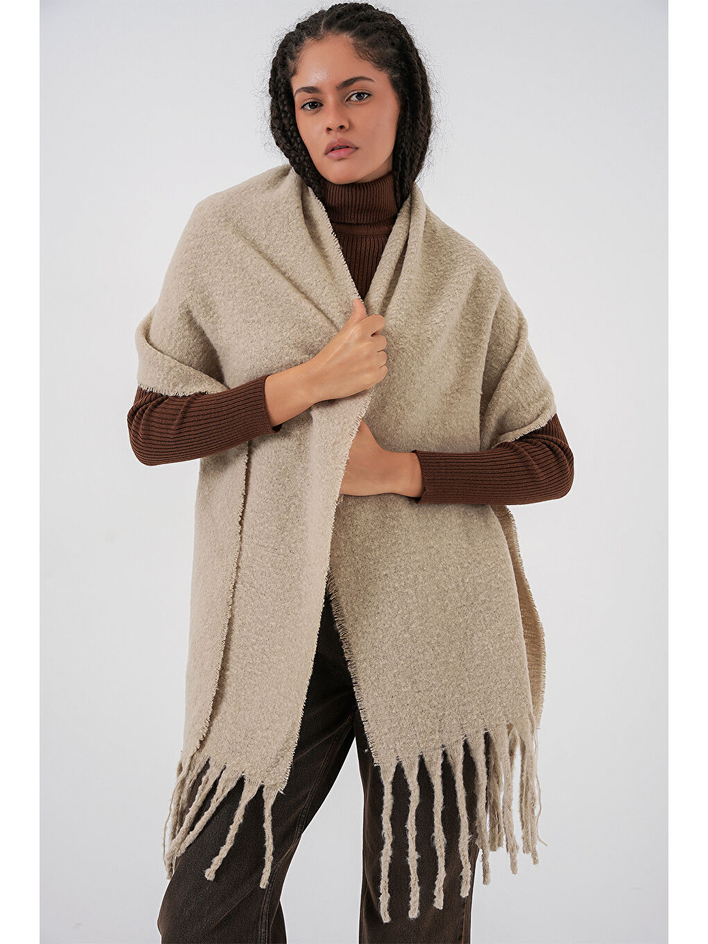 Kadın Yumuşak Dokulu Kalın Şal Atkı 15951 - A.Bej-4