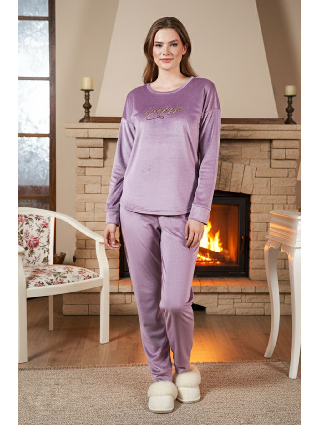 Kadın Kadife Baskılı Pijama Takımı 25381 Lila
