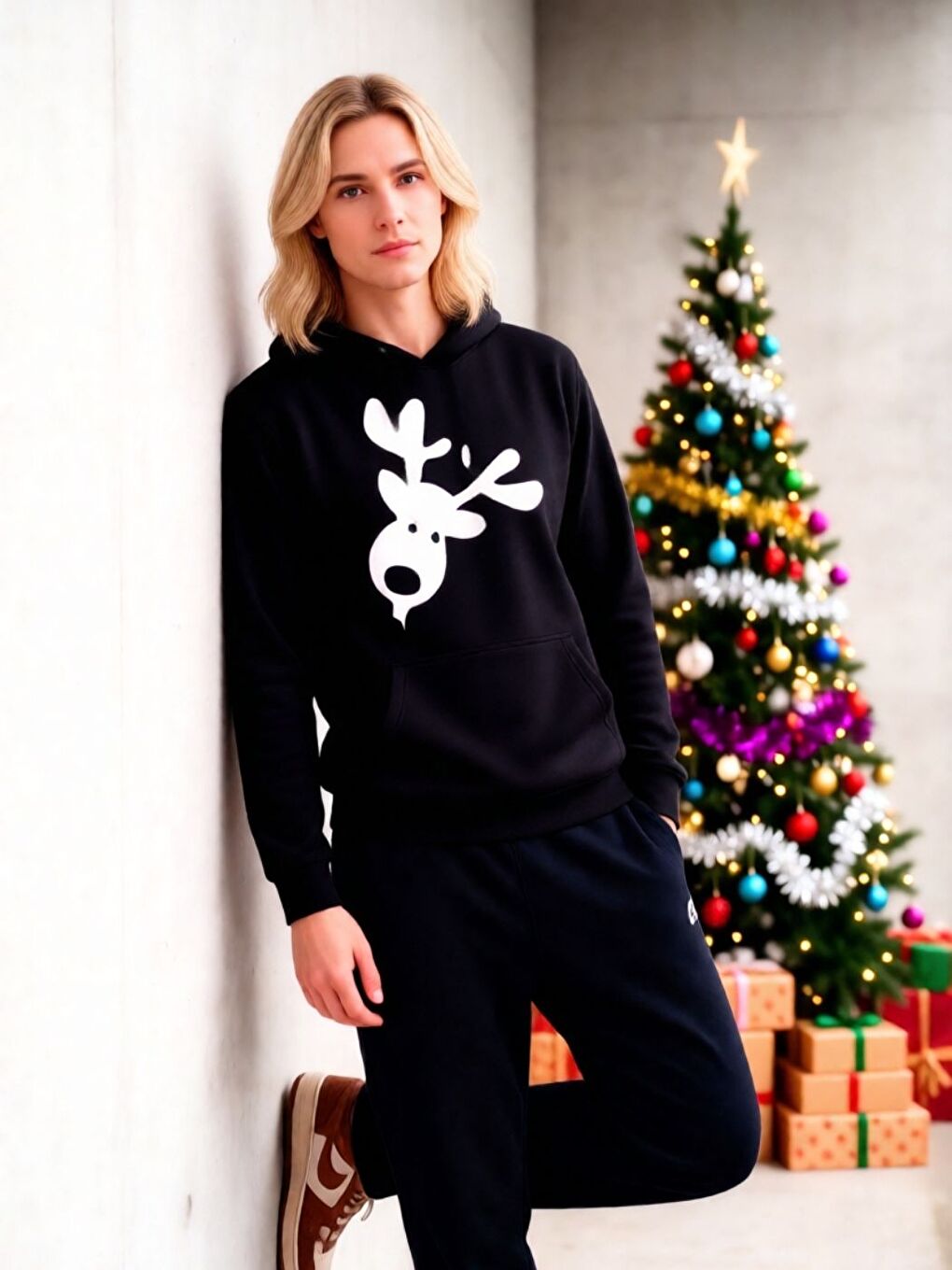 Kadın Siyah Sweet Geyik Baskılı Oversize Sweatshirt