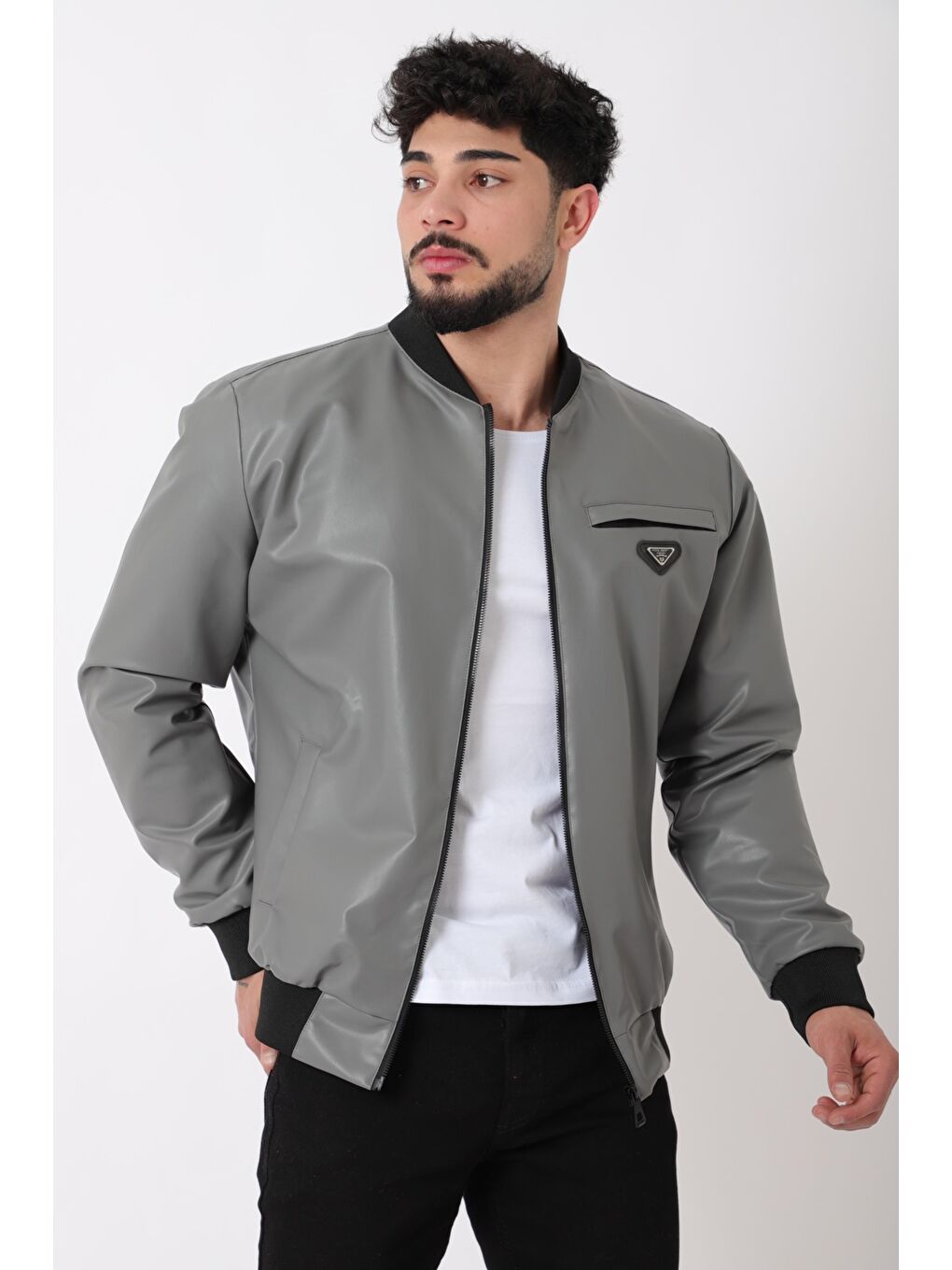 Gri Kolej Yaka Bel Lastikli Suni Deri Mont PLDP 3000_50448-1