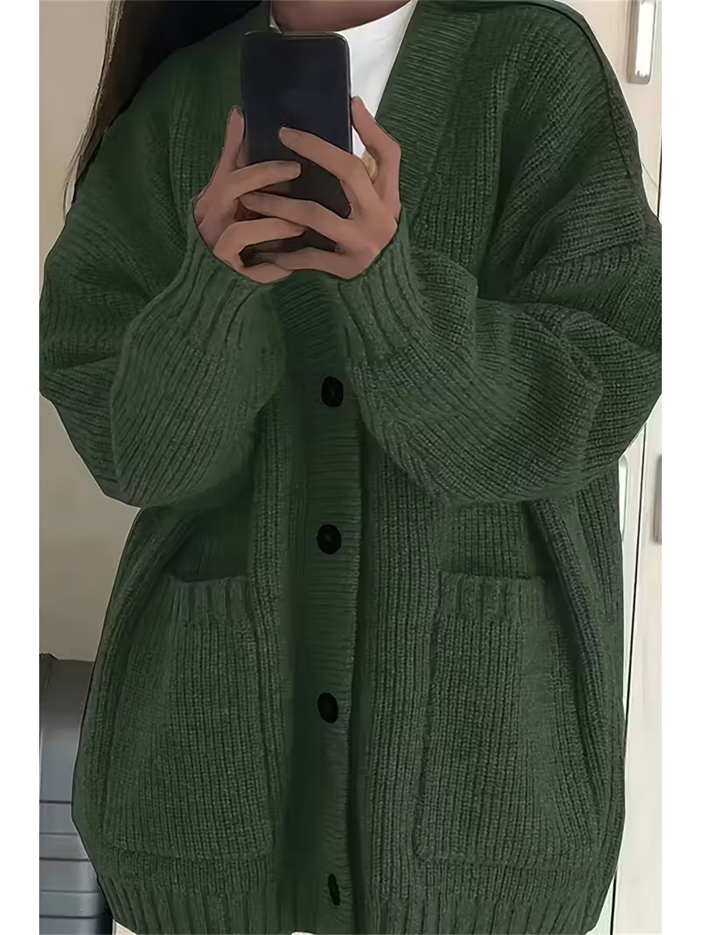 Kadın Haki Oversize Cepli Düğmeli V Yaka Triko Hırka-3