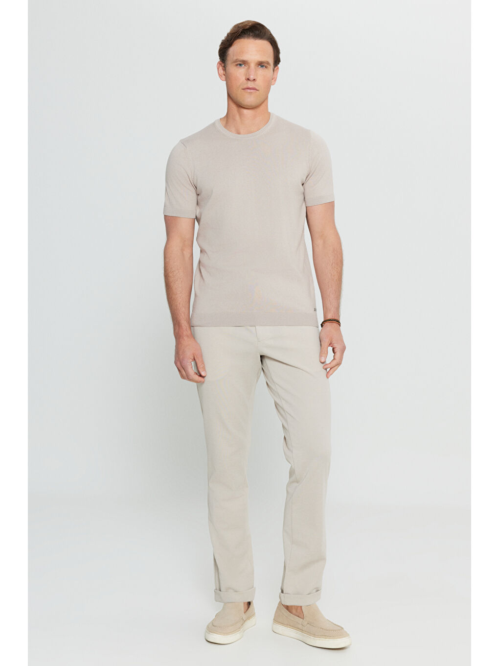 Bej Erkek Vizon %100 Pamuk Standart Fit Normal Kesim Bisiklet Yaka Triko Tişört-1