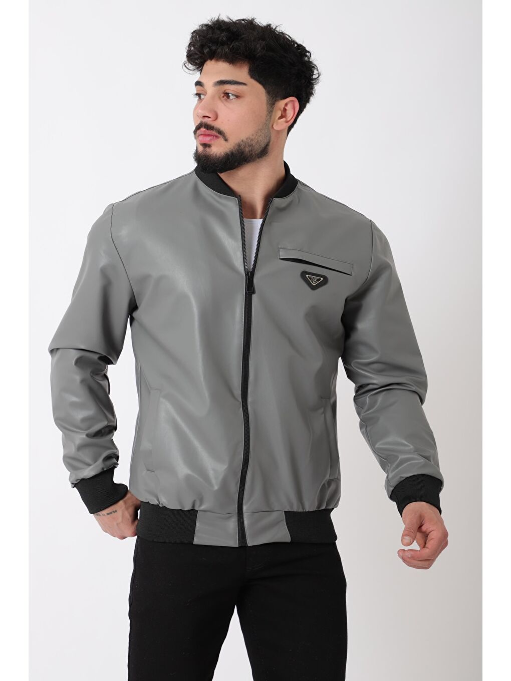 Gri Kolej Yaka Bel Lastikli Suni Deri Mont PLDP 3000_50448-3