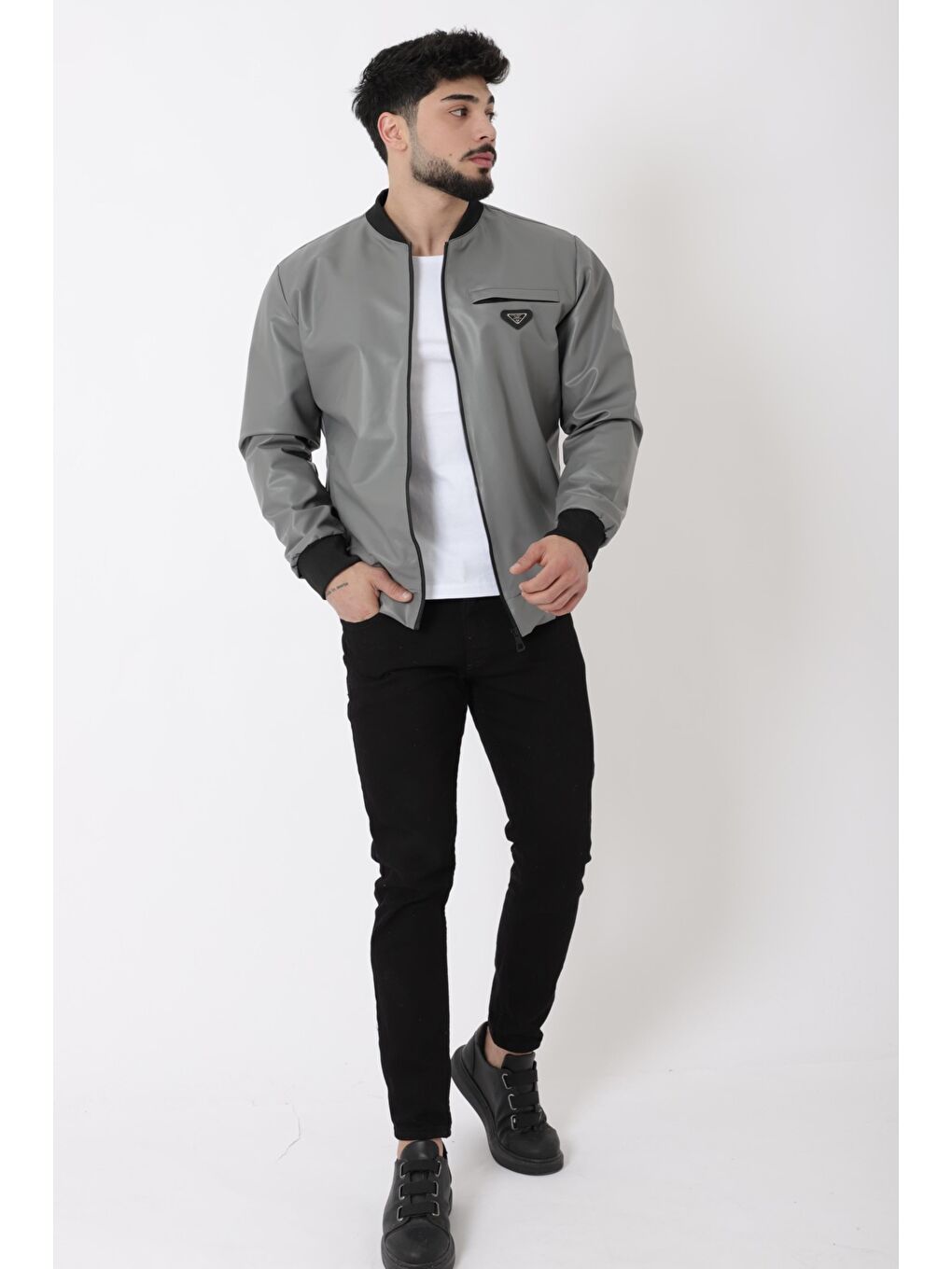 Gri Kolej Yaka Bel Lastikli Suni Deri Mont PLDP 3000_50448-4