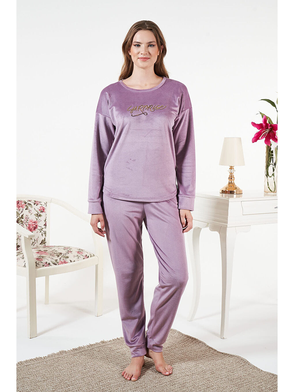 Kadın Kadife Baskılı Pijama Takımı 25381 Lila-1