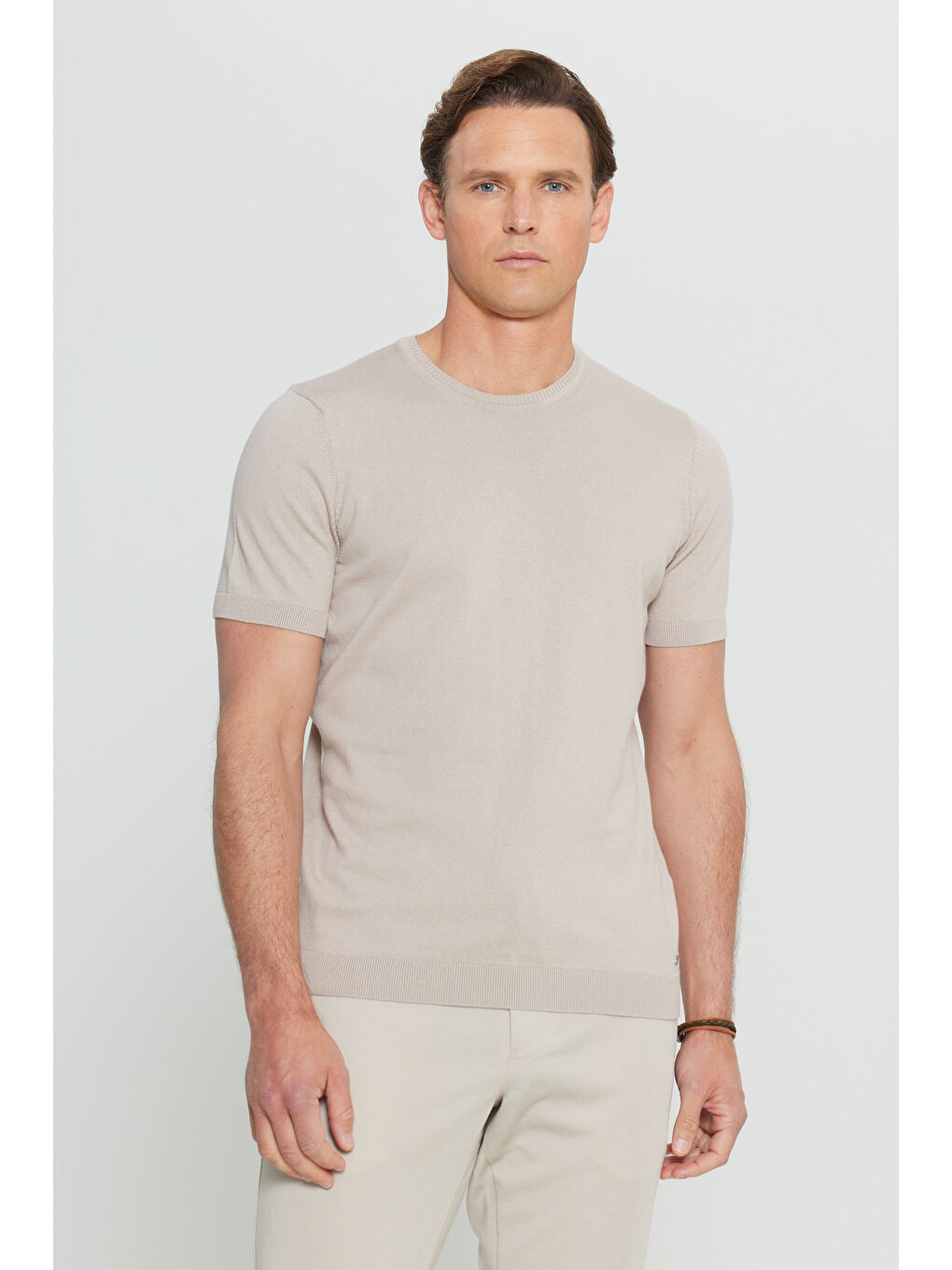 Bej Erkek Vizon %100 Pamuk Standart Fit Normal Kesim Bisiklet Yaka Triko Tişört-2