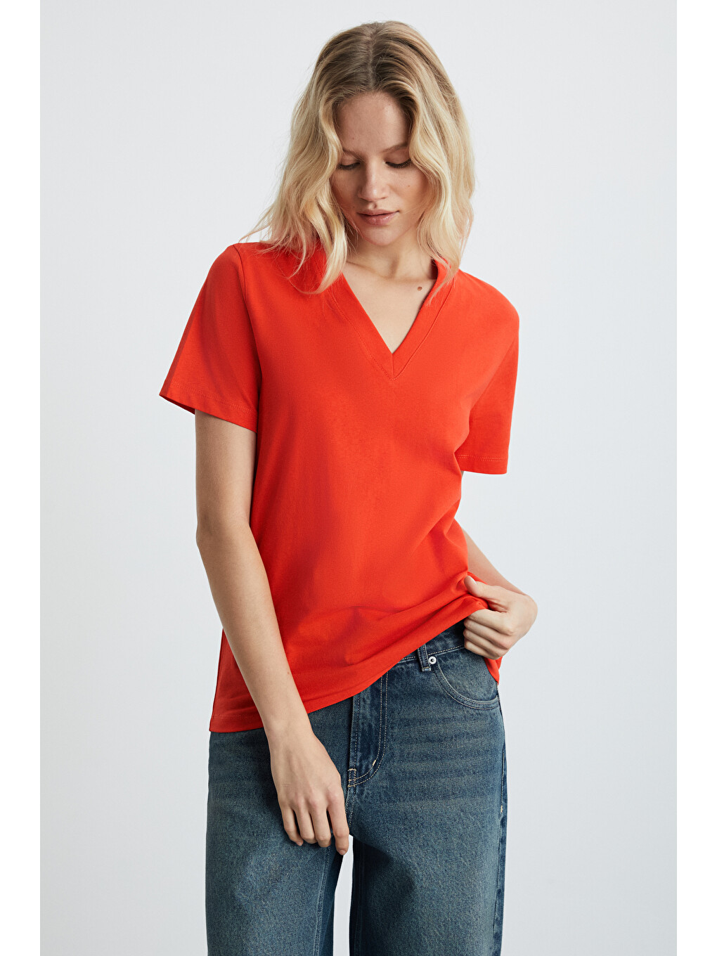 Kırmızı ALINE Kadın %100 organik Pamuk Derin V Yakalı Comfort Fit KIRMIZI T-Shirt-2