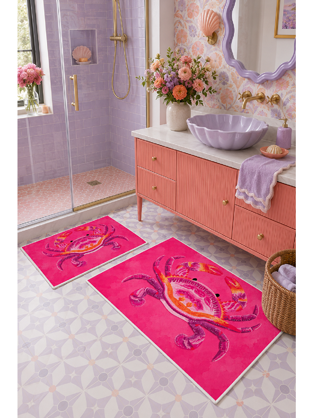 Fuşya Yengeç Desenli Kaymaz Taban Banyo Paspası 2’li Set-7