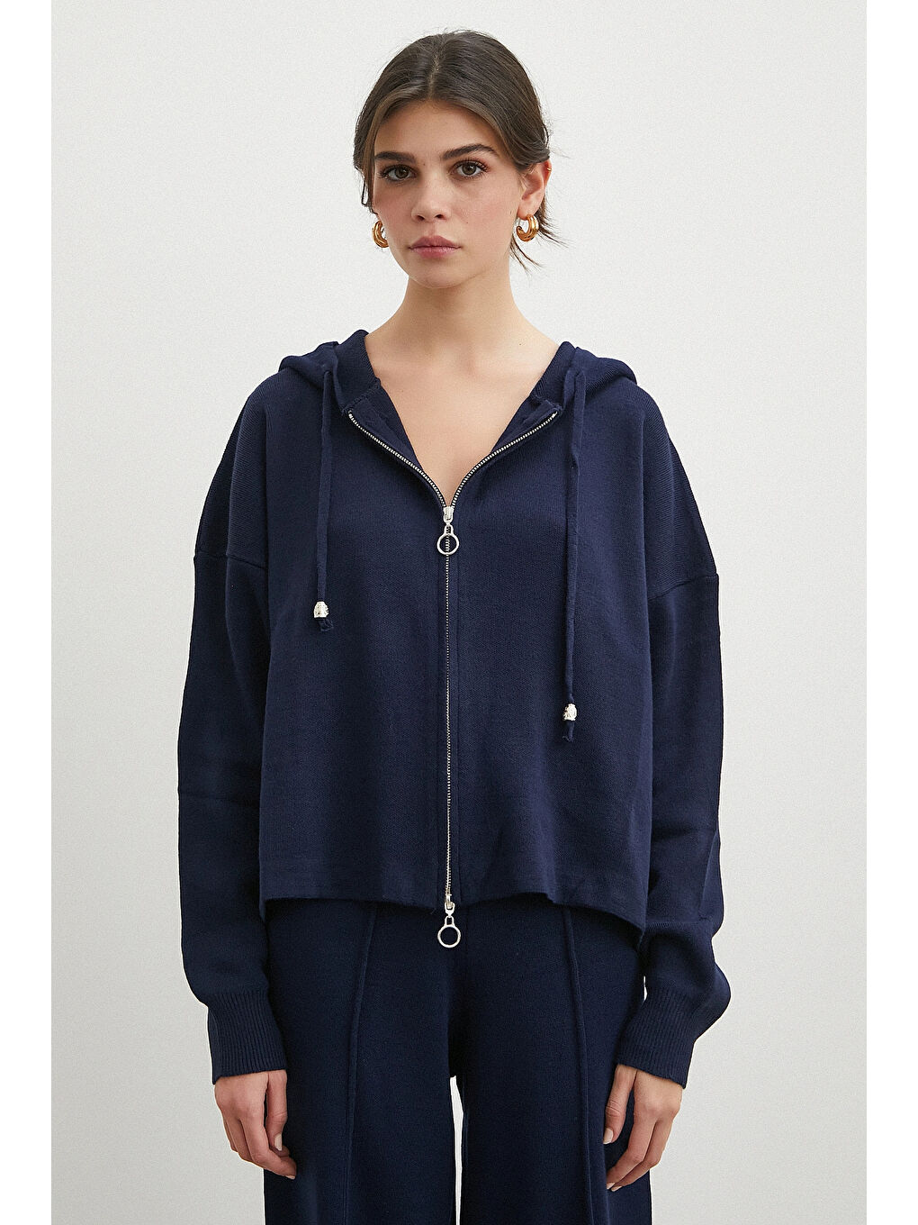 Çift Fermuarlı Kapüşonlu Pantolonlu Takım Lacivert-1