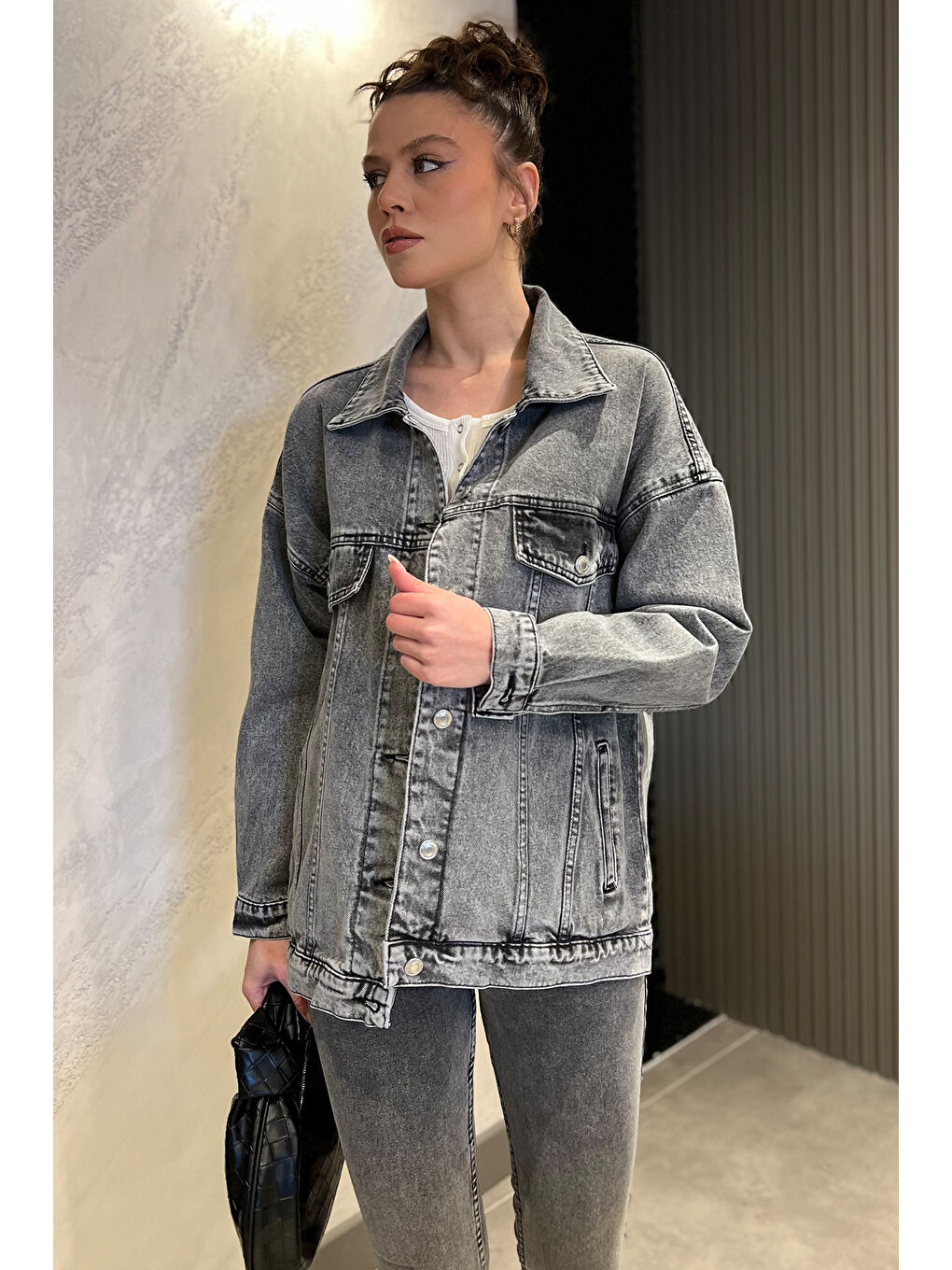 Antrasit Kadın Oversize Jean Ceket-1