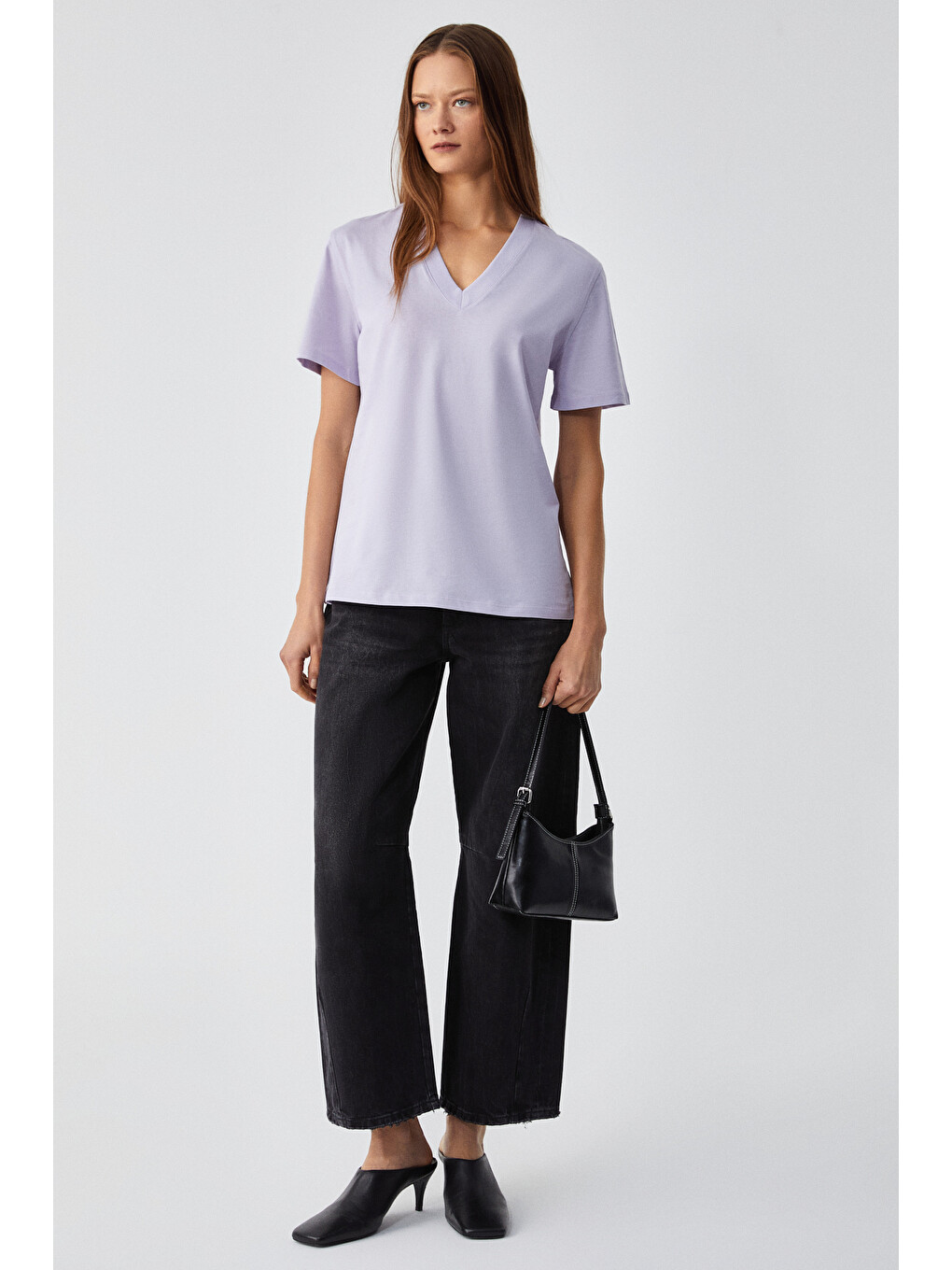Lila ALINE Kadın %100 organik Pamuk Derin V Yakalı Comfort Fit LİLA T-Shirt-1