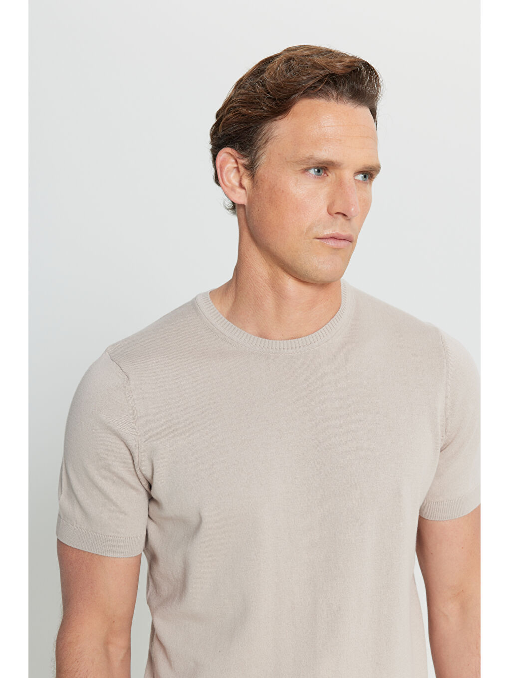 Bej Erkek Vizon %100 Pamuk Standart Fit Normal Kesim Bisiklet Yaka Triko Tişört-3