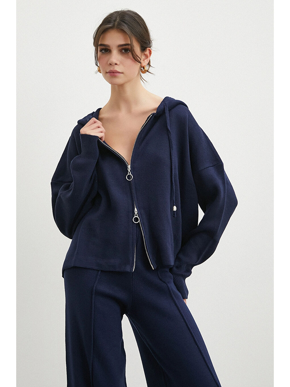 Çift Fermuarlı Kapüşonlu Pantolonlu Takım Lacivert-2