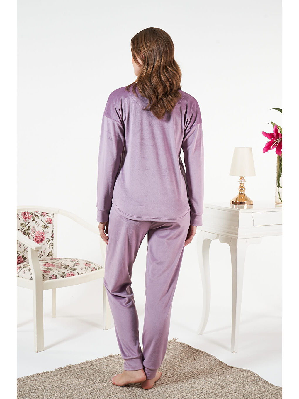 Kadın Kadife Baskılı Pijama Takımı 25381 Lila-2