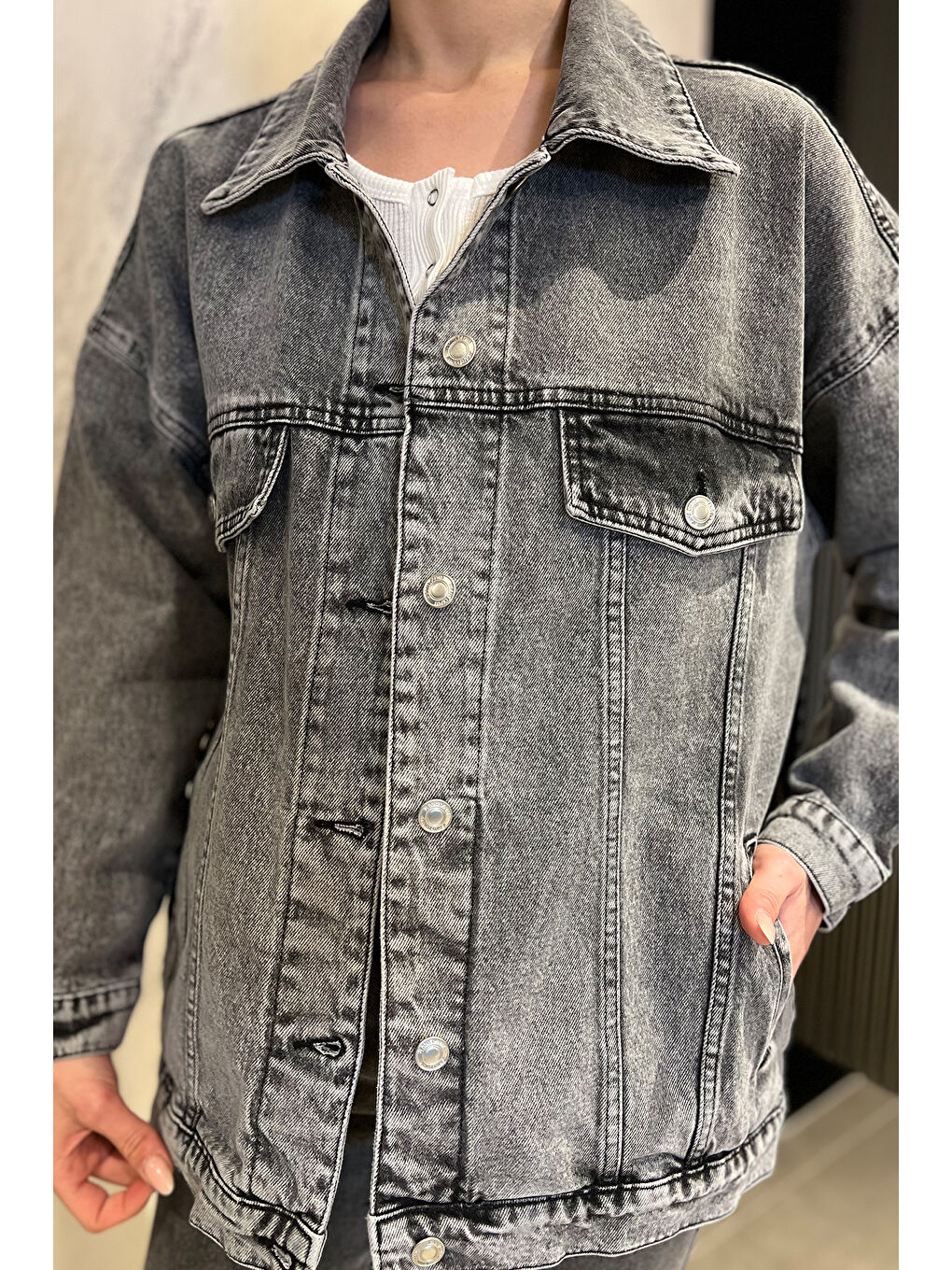 Antrasit Kadın Oversize Jean Ceket-2
