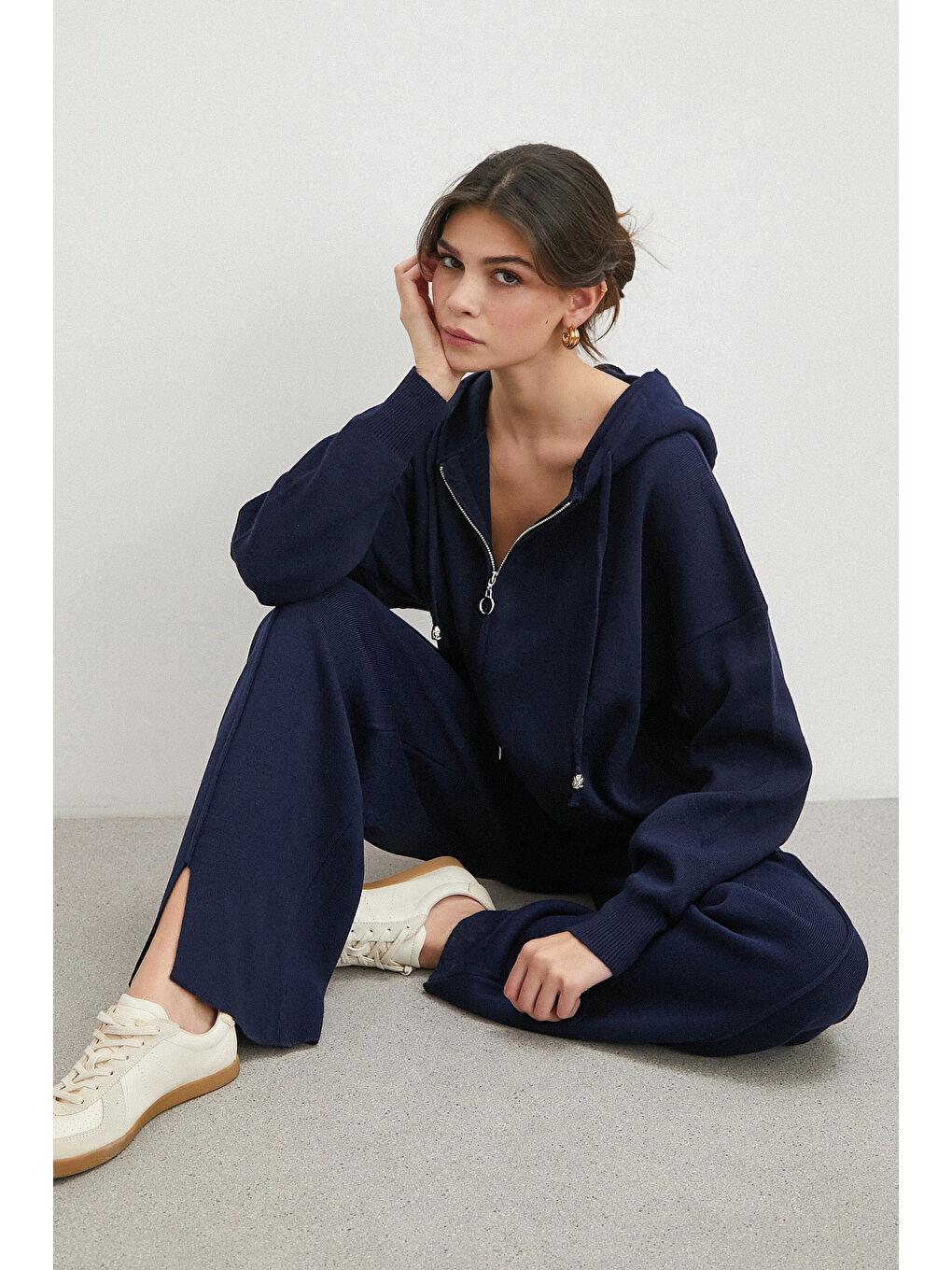 Çift Fermuarlı Kapüşonlu Pantolonlu Takım Lacivert-3