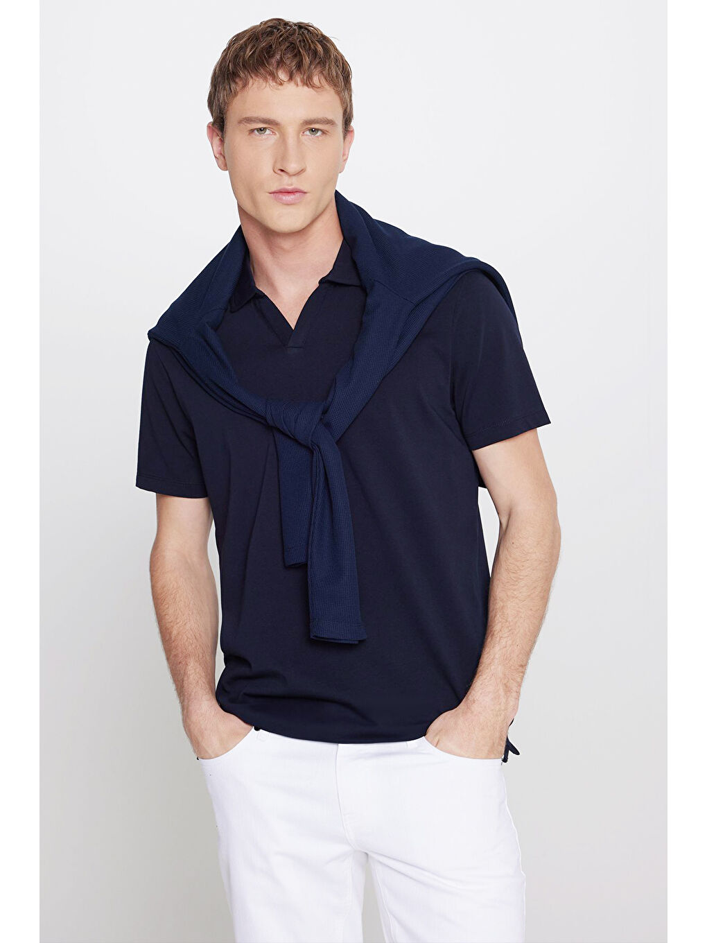 Erkek Lacivert %100 Pamuk Slim Fit Dar Kesim Polo Yaka Tişört