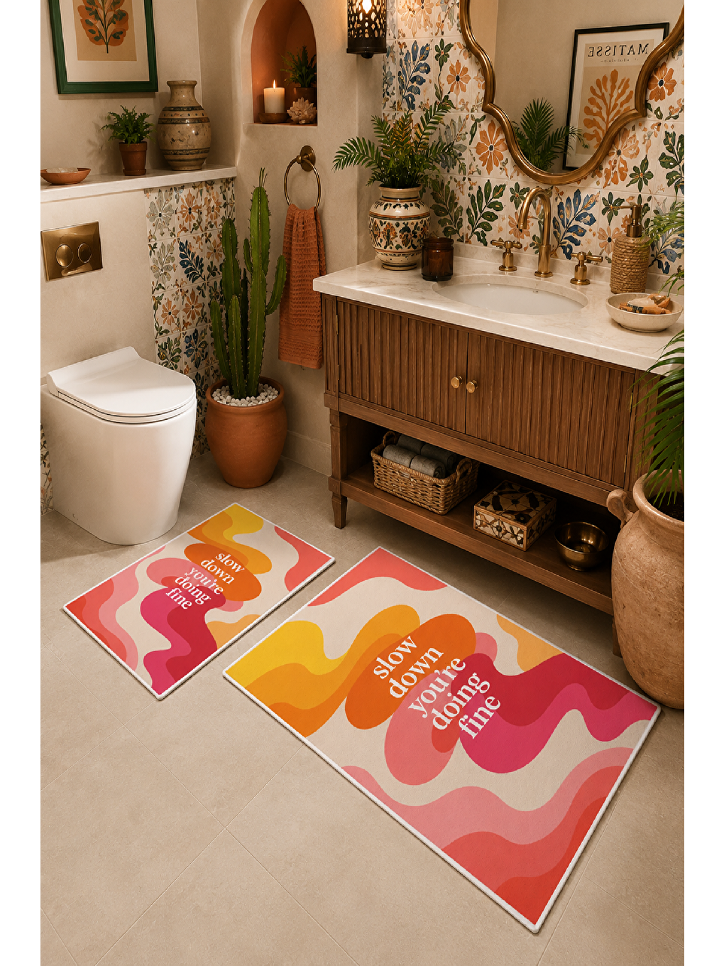 Pembe Turuncu Slow Down Yazılı Dalga Desenli Banyo Paspası 2’li Set-6