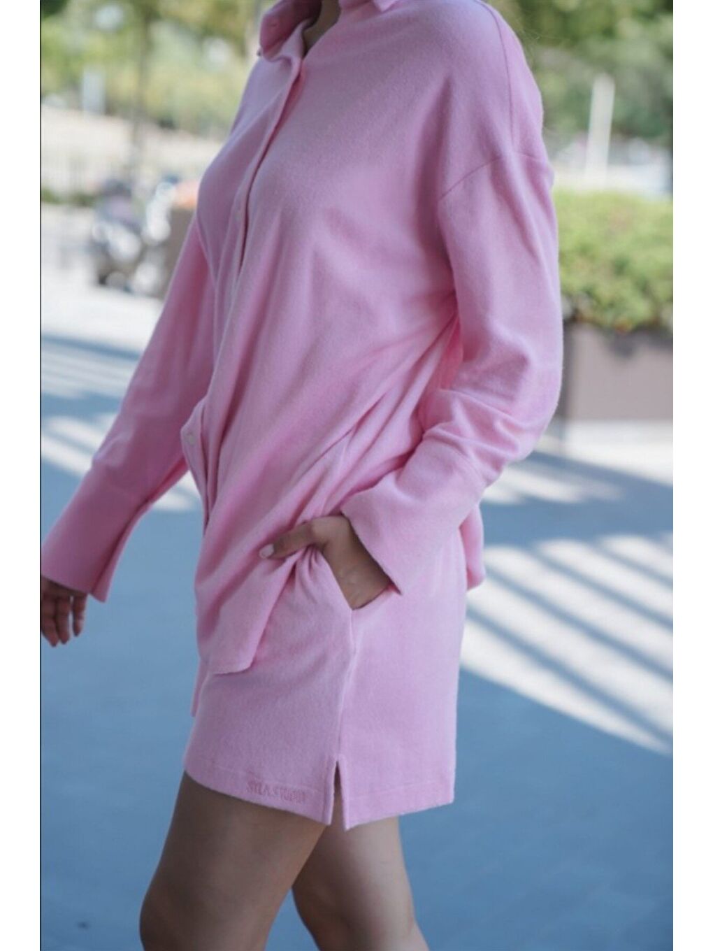 Pembe Hawaii Kadın %100 Pamuk Havlu Kumaş Oversize Gömlek-1