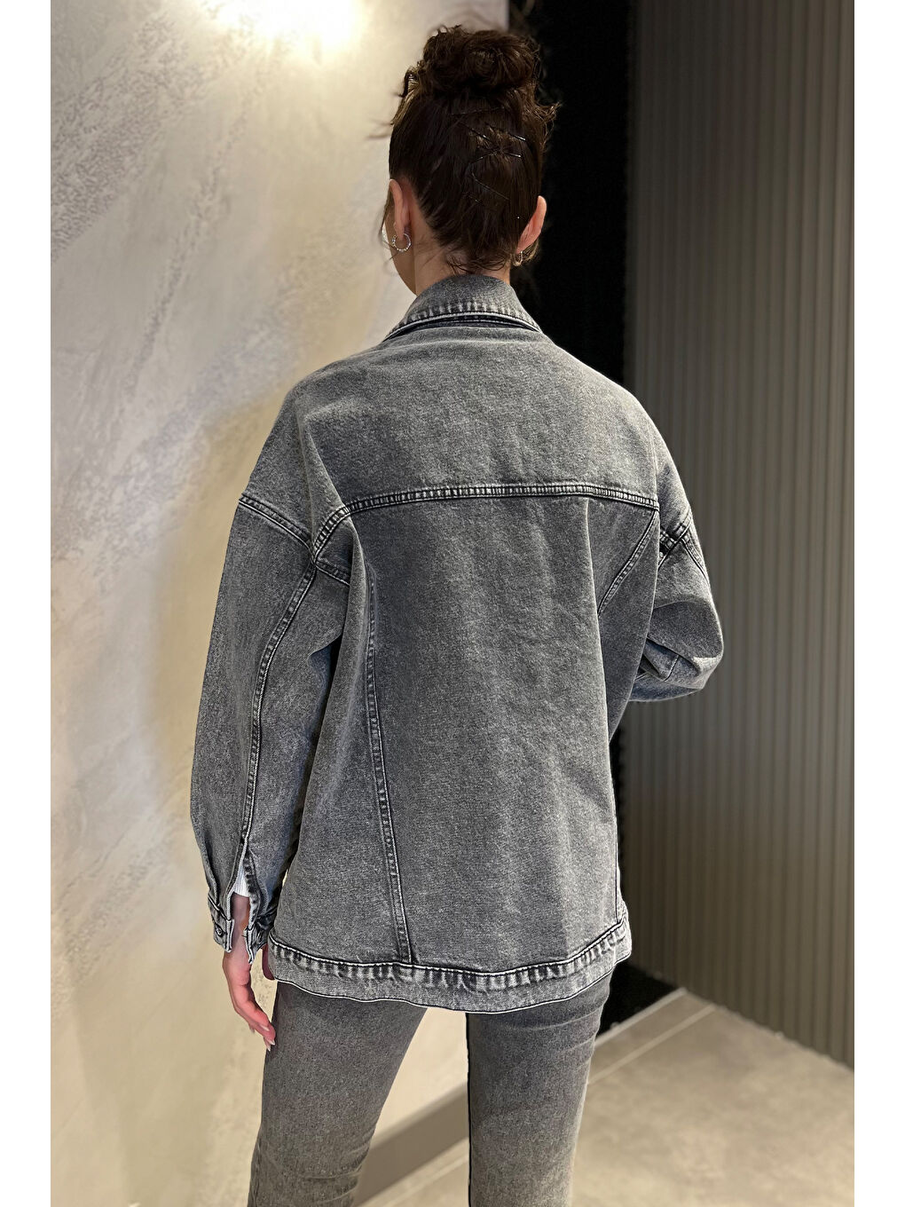 Antrasit Kadın Oversize Jean Ceket-3