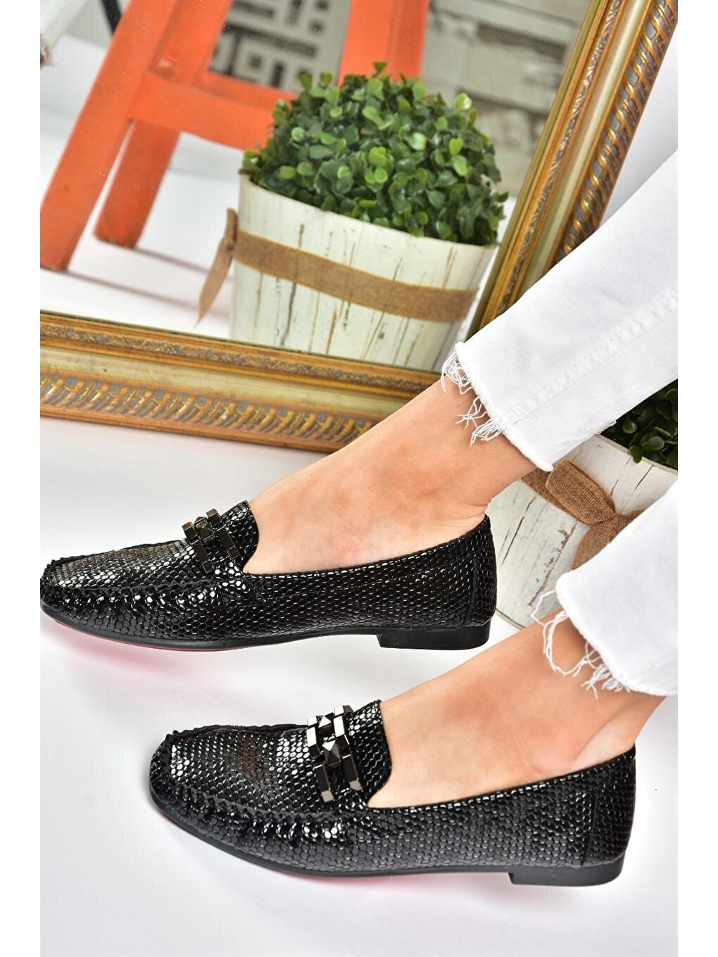 P757020542 Siyah Petek Baskı Kadın Babet-2