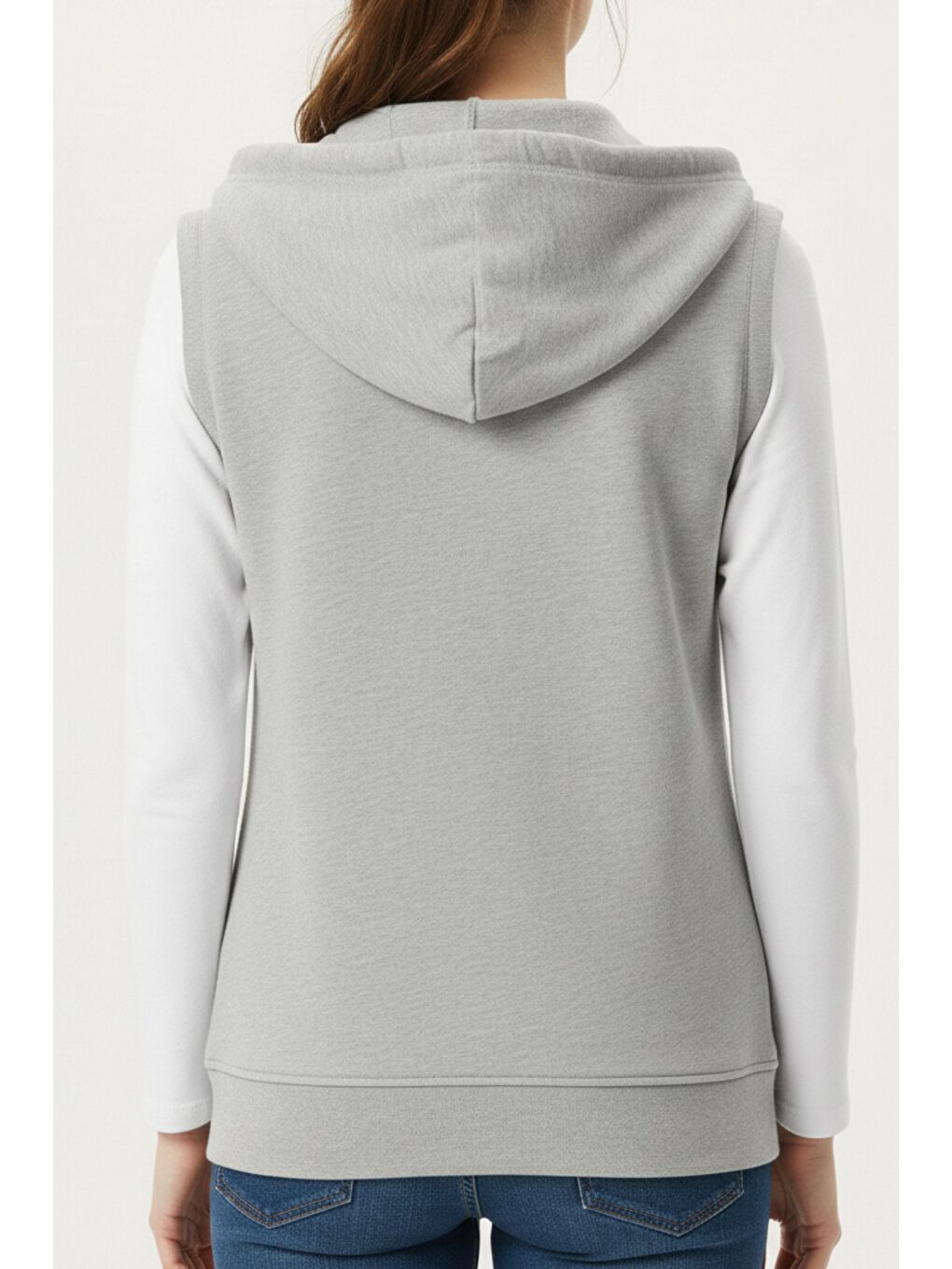 Gri Kadın Sıfır Kol Kapüşonlu Hırka ve Uzun Kollu Tişört Takımı-2