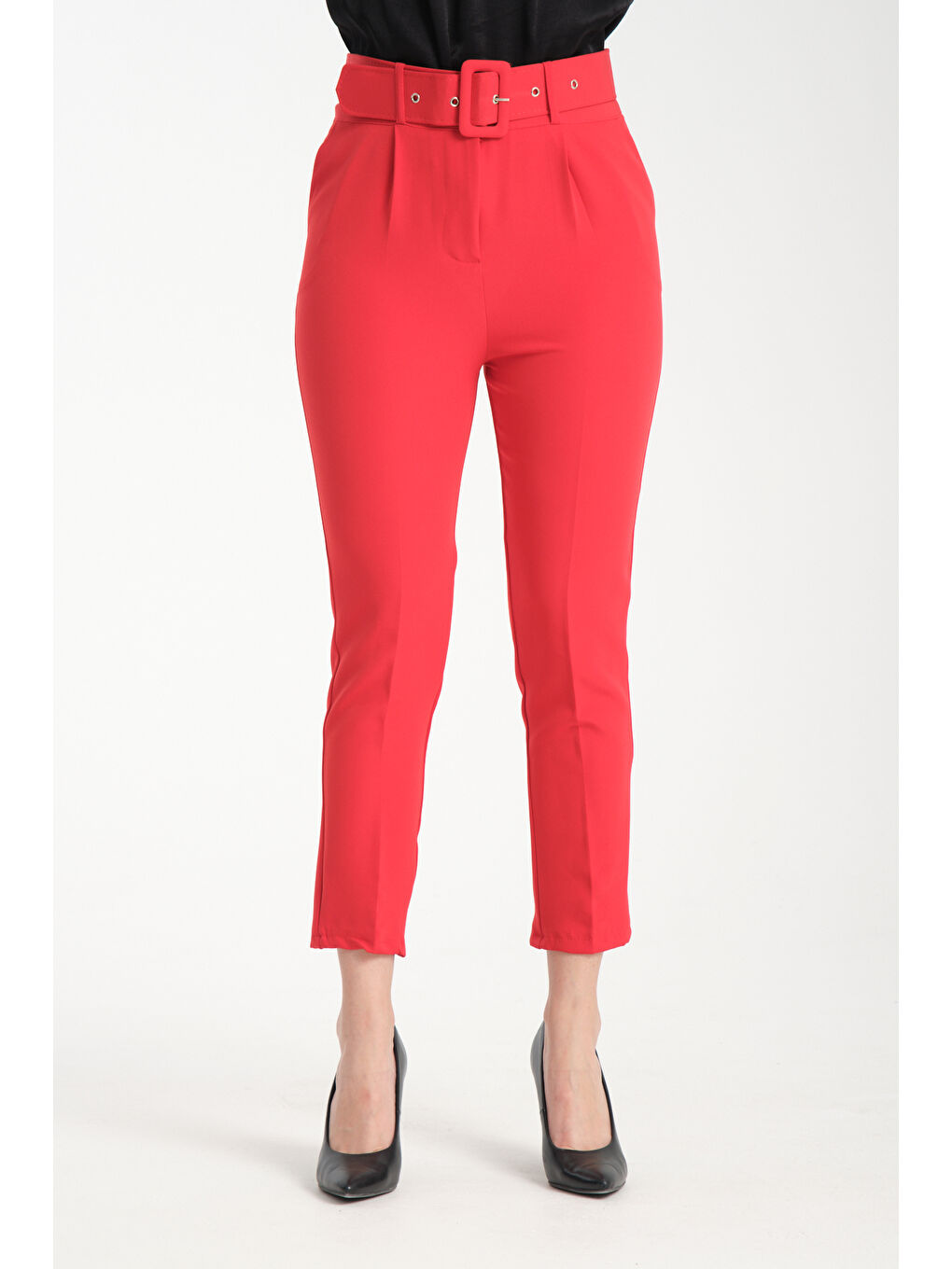 Kırmızı Kadın Kemerli Kumaş Pantolon 2988
