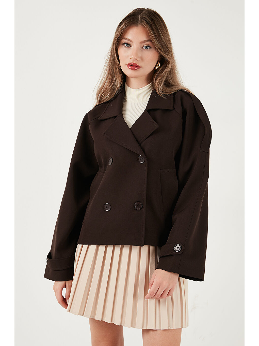 Kahverengi Regular Fit Kruvaze Yaka Düğmeli Astarlı Kadın Ceket Mont 6524955