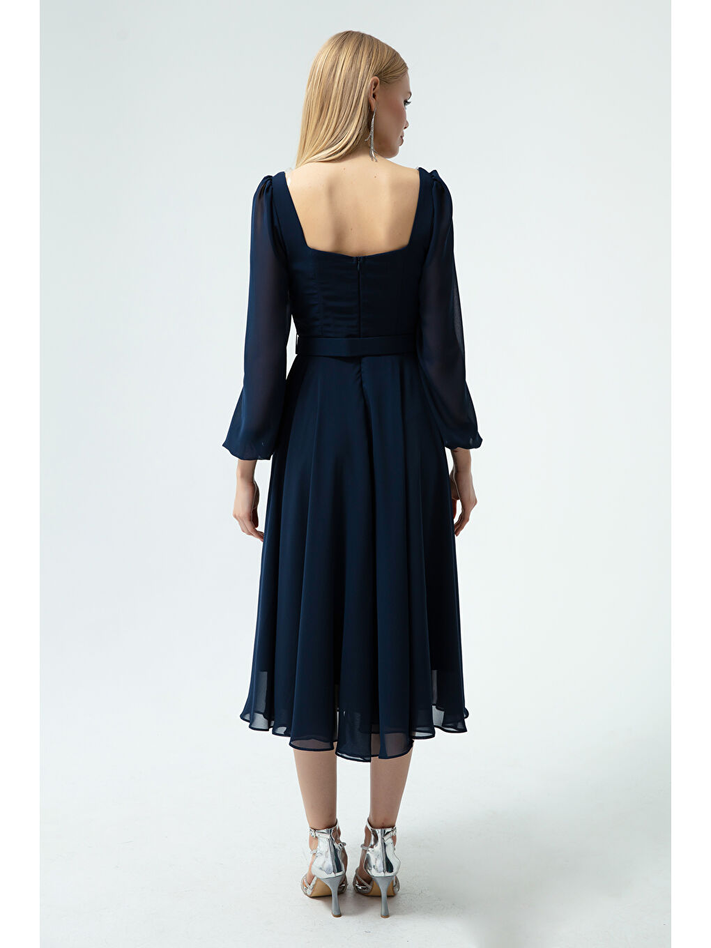 Kadın Lacivert Kare Yaka Kemerli Midi Şifon Abiye Elbise-4