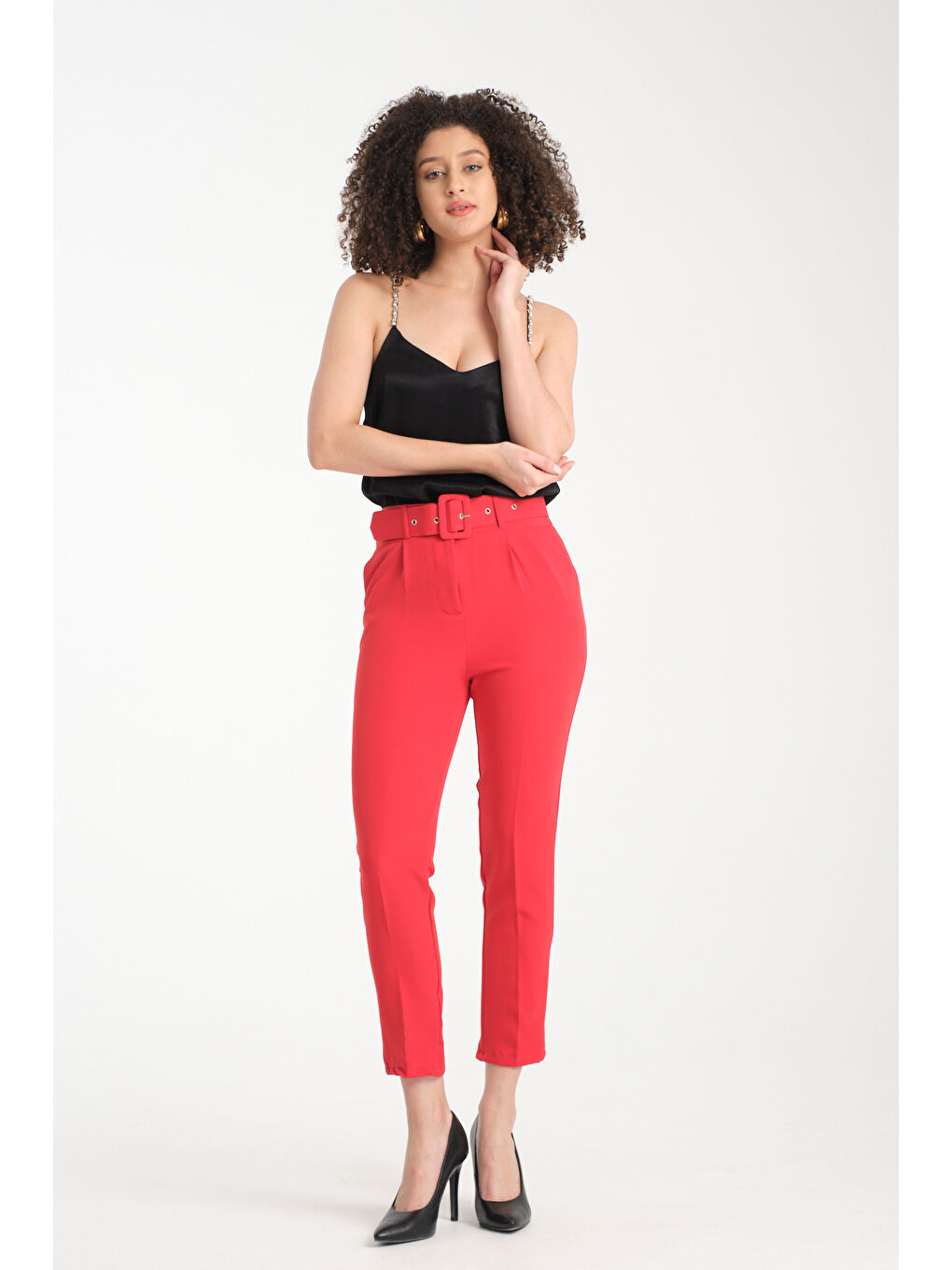 Kırmızı Kadın Kemerli Kumaş Pantolon 2988-1