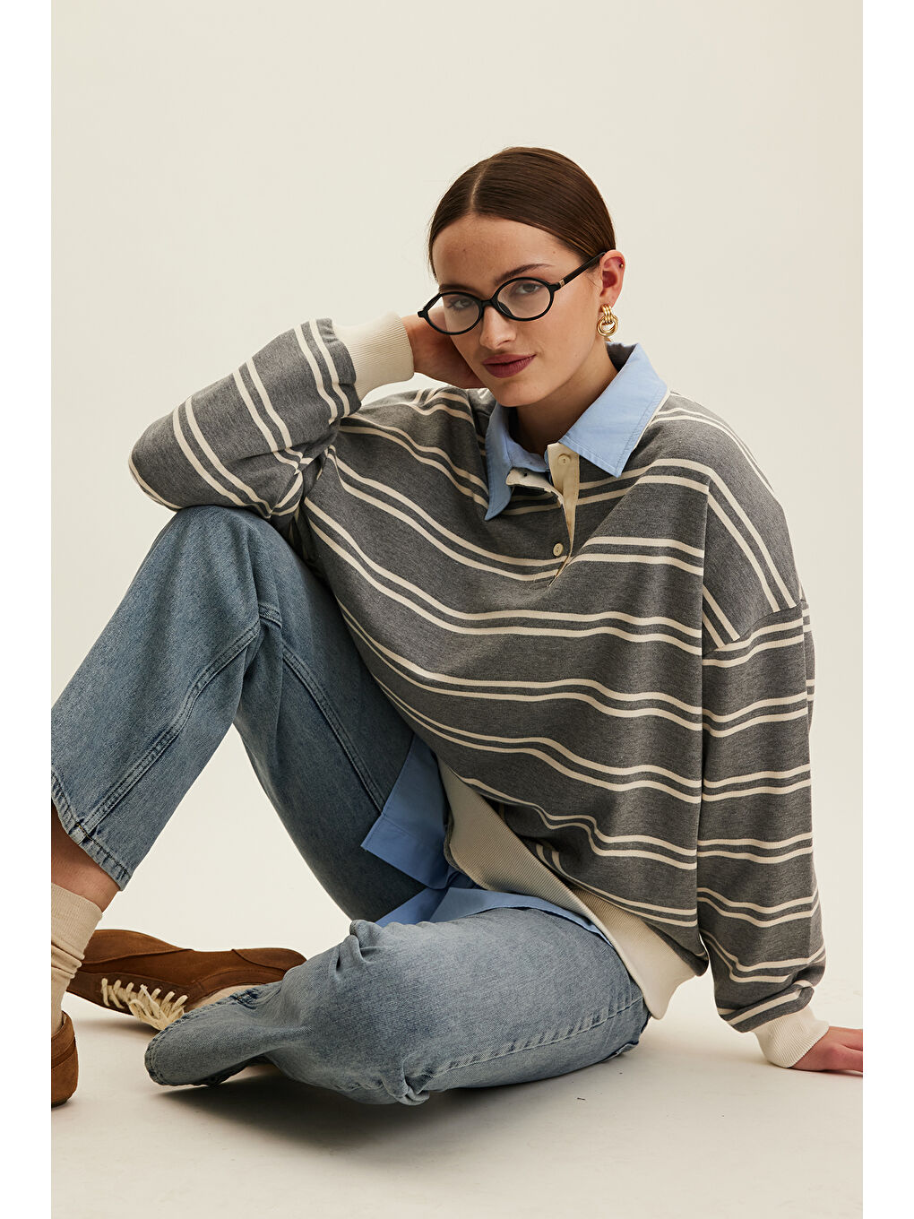 Polo Yaka Oversıze Sweatshırt Gri