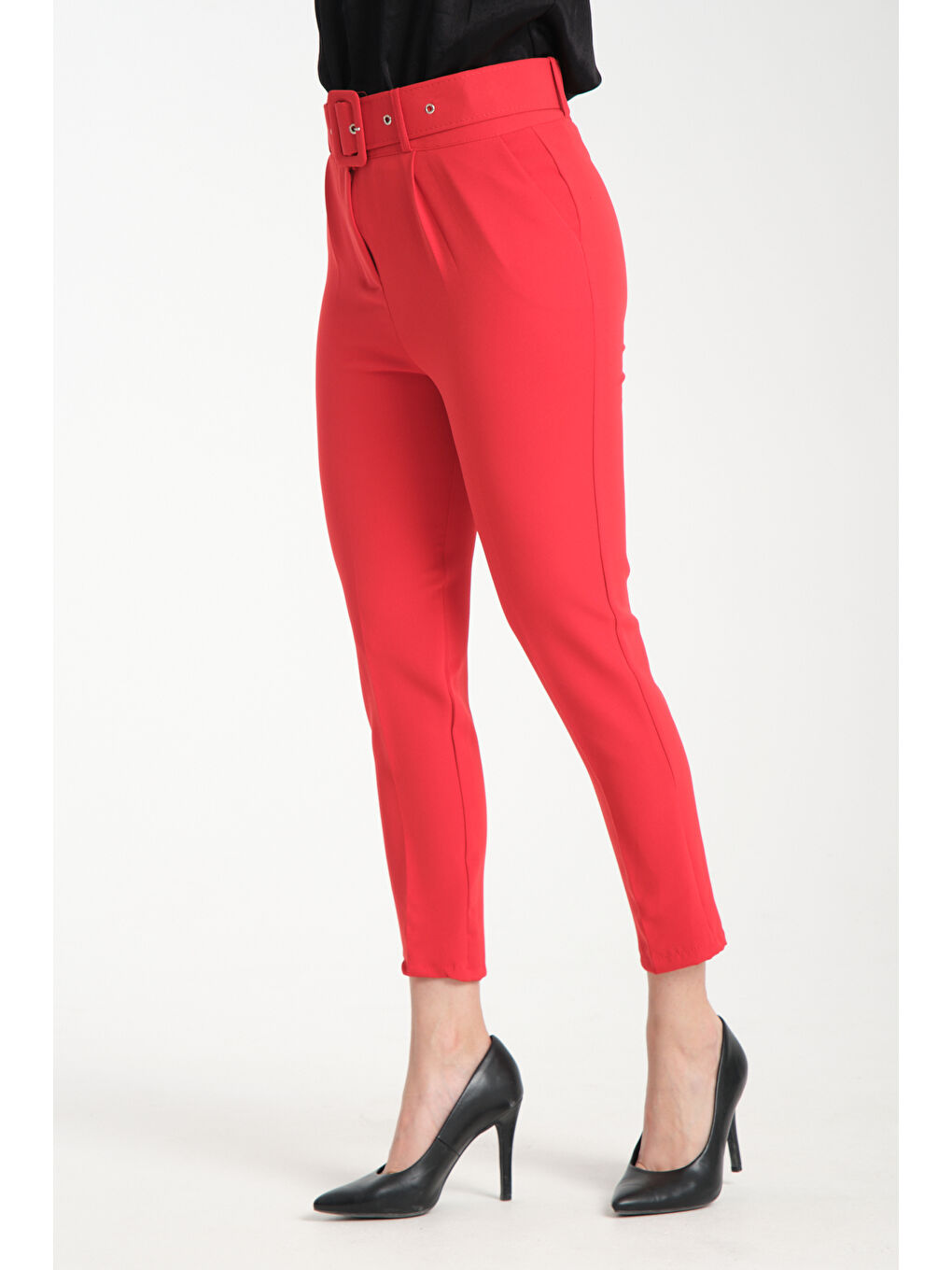 Kırmızı Kadın Kemerli Kumaş Pantolon 2988-2
